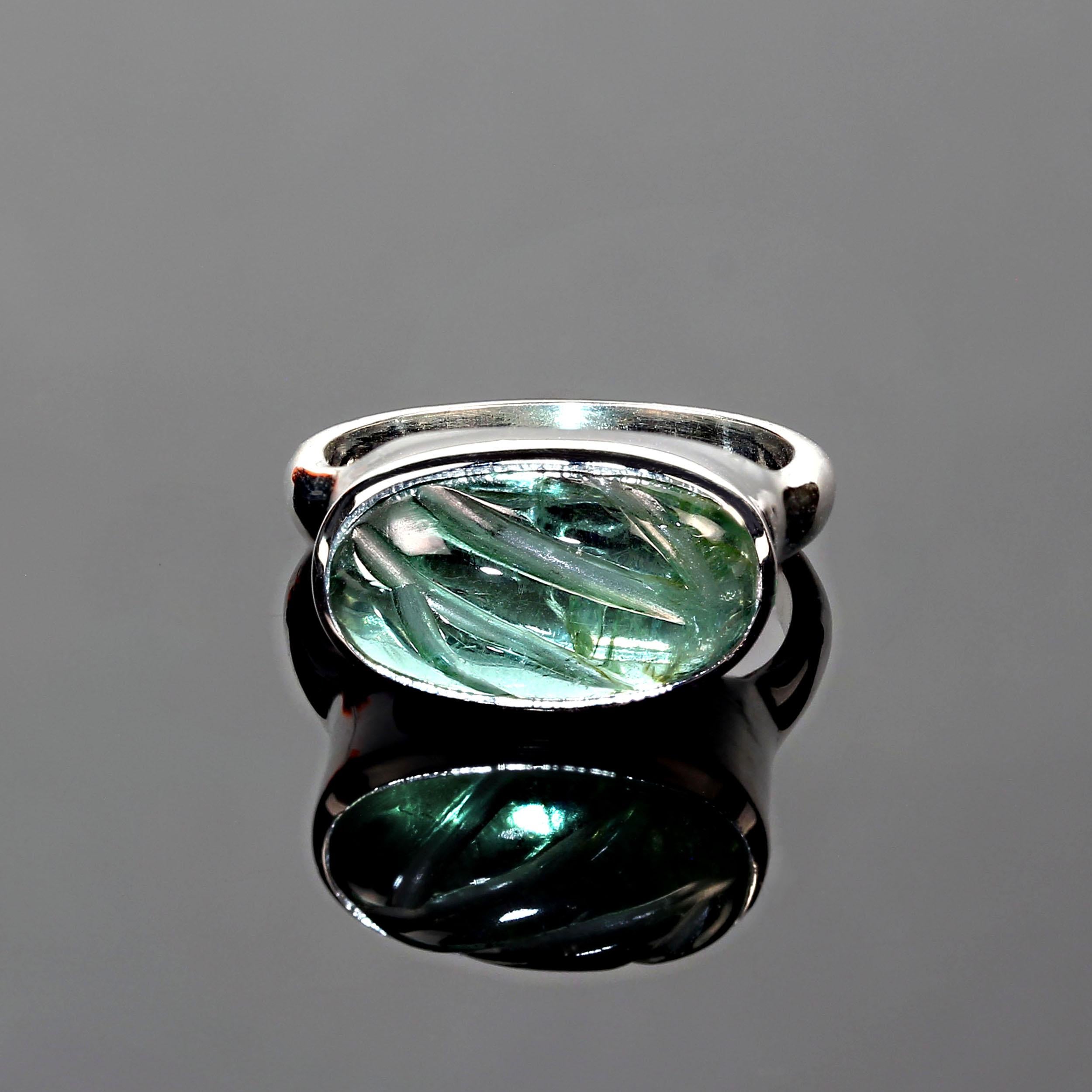 Mixed Cut AJD Unique Carved Green Tourmaline and Sterling Silver Ring For Sale