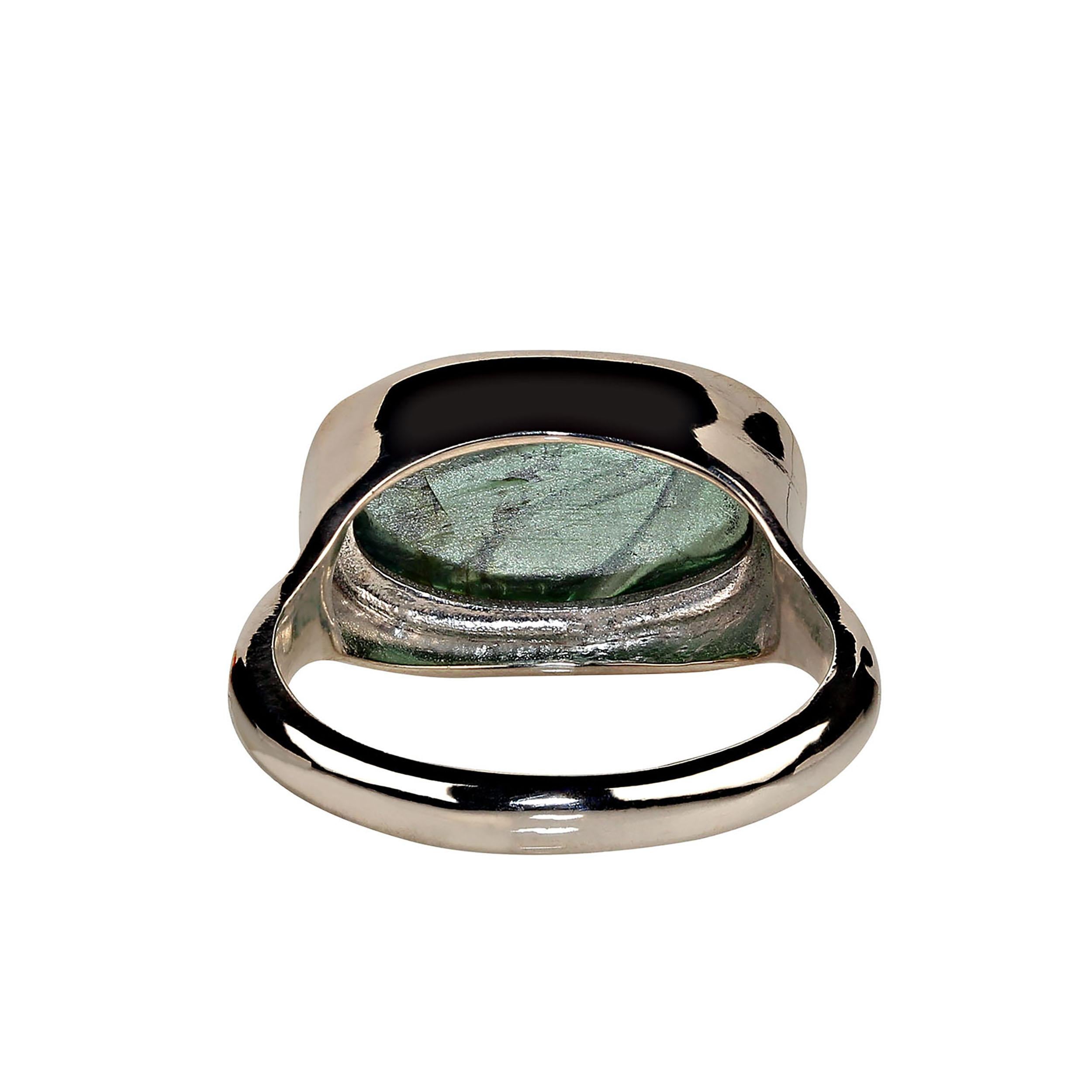 Women's or Men's AJD Unique Carved Green Tourmaline and Sterling Silver Ring For Sale