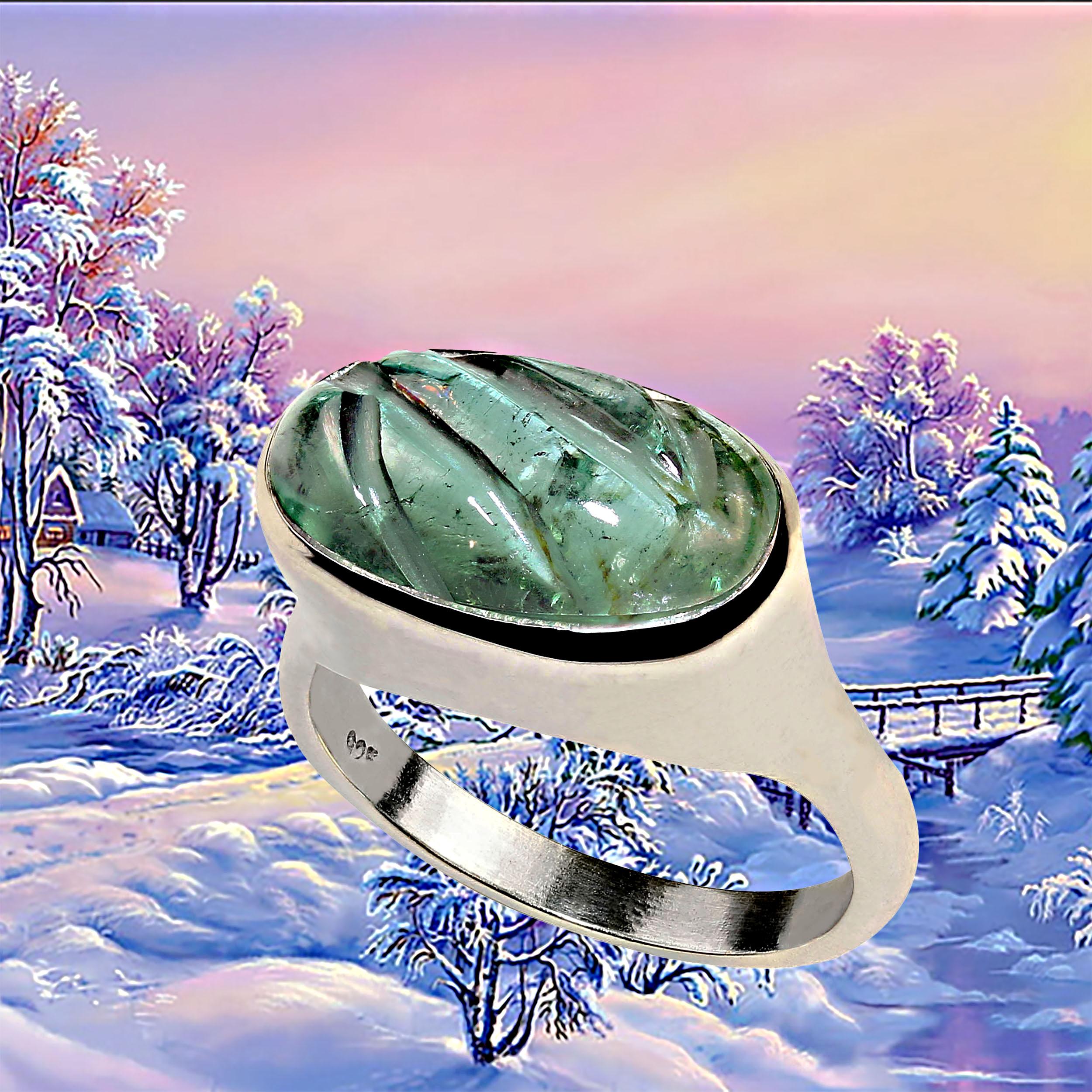 AJD Unique Carved Green Tourmaline and Sterling Silver Ring For Sale 3