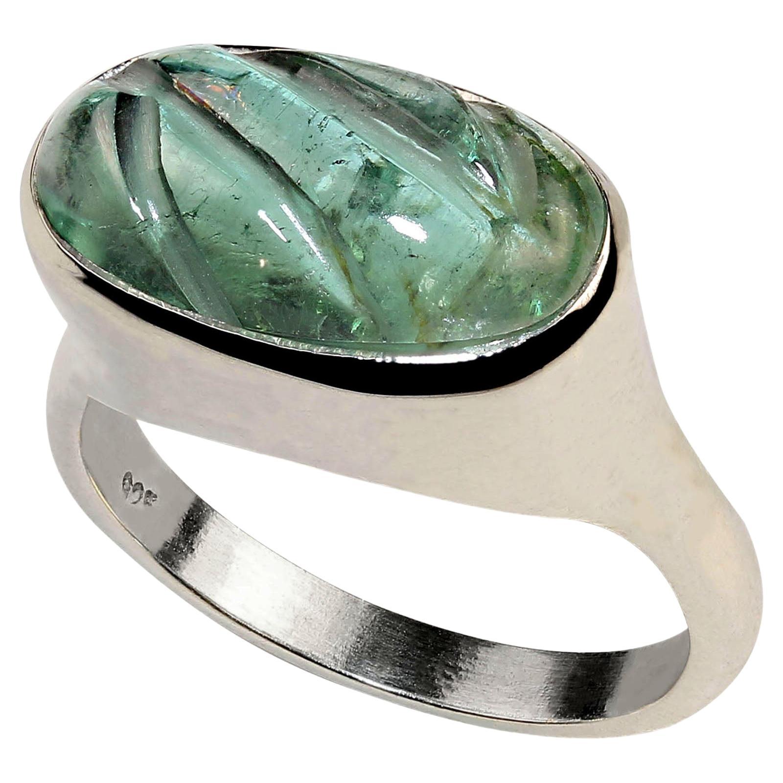 Artisan AJD Unique Carved Green Tourmaline and Sterling Silver Ring For Sale