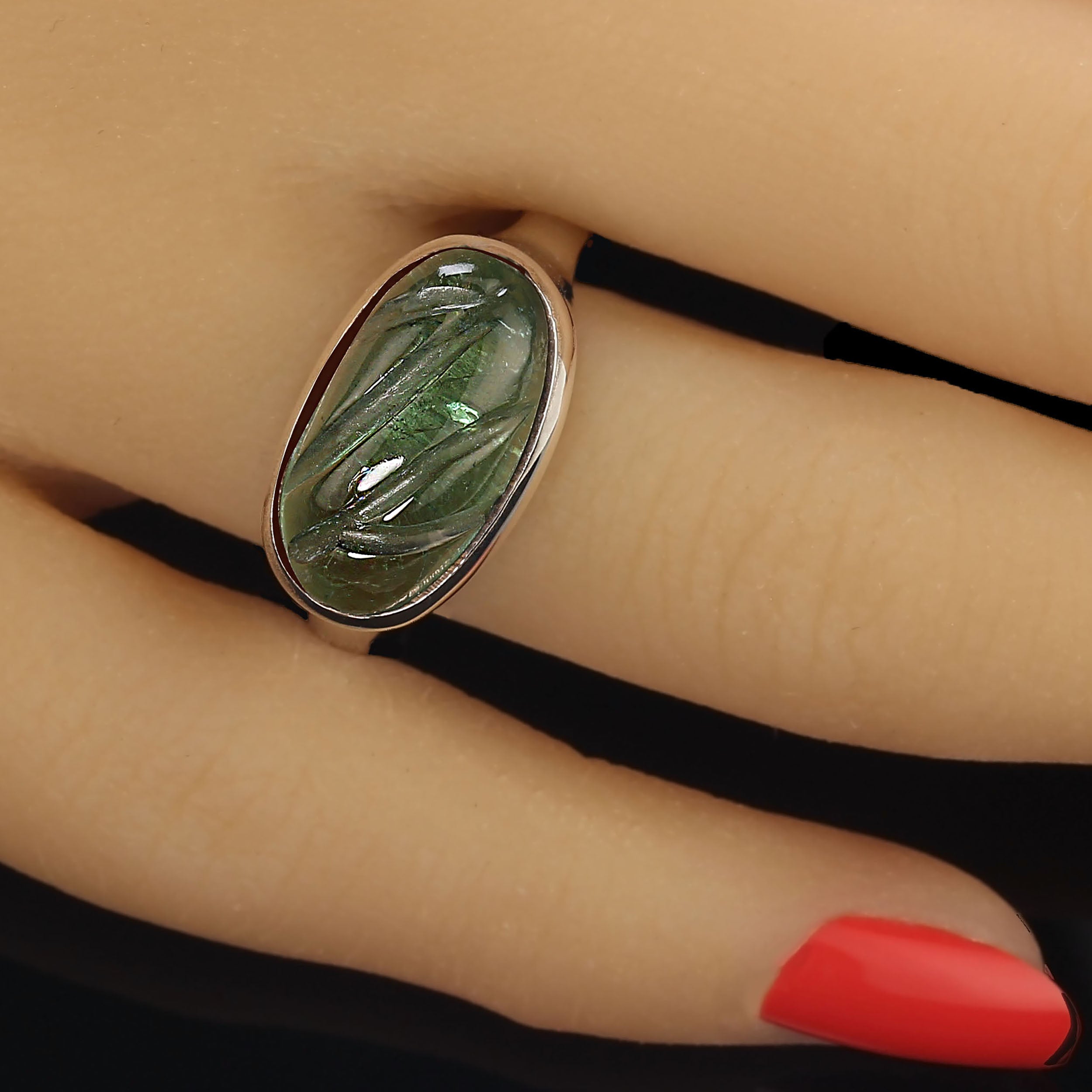 AJD Unique Carved Green Tourmaline and Sterling Silver Ring For Sale