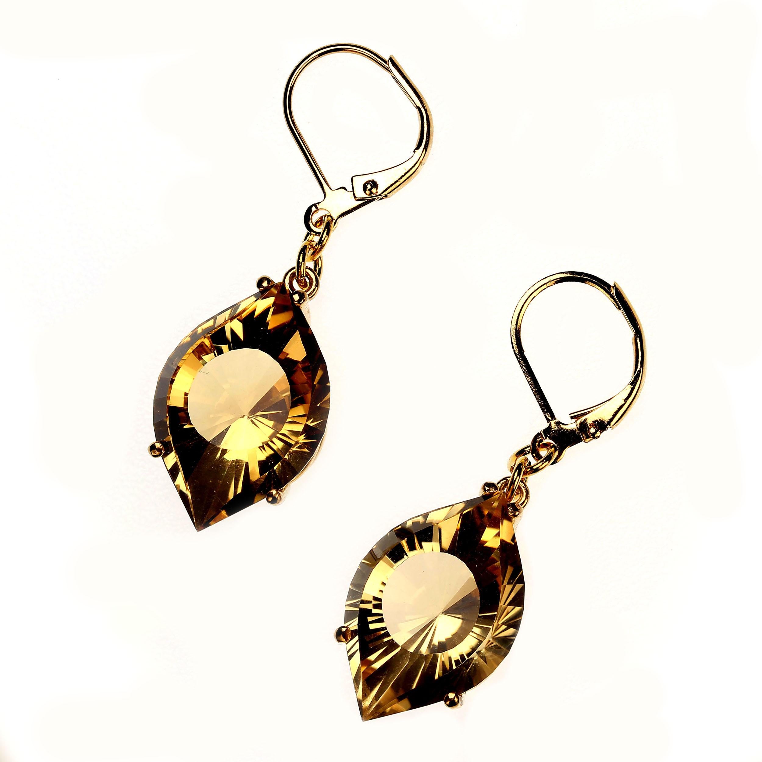 AJD Unique Fancy Cut Golden Citrine Earrings in 14 Karat Yellow Gold For Sale 11