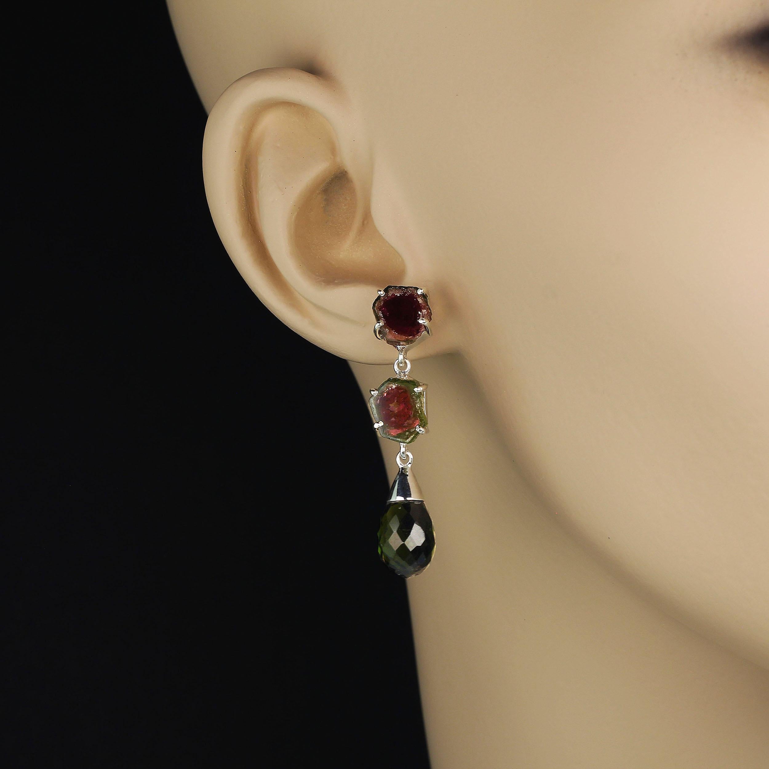 What a great pair of Tourmaline earrings! We've posted two watermelon slices, one above another, and then hung a beautiful faceted green tourmaline briolette below them. All of this in handmade sterling silver. These earrings are 1.5 inches in