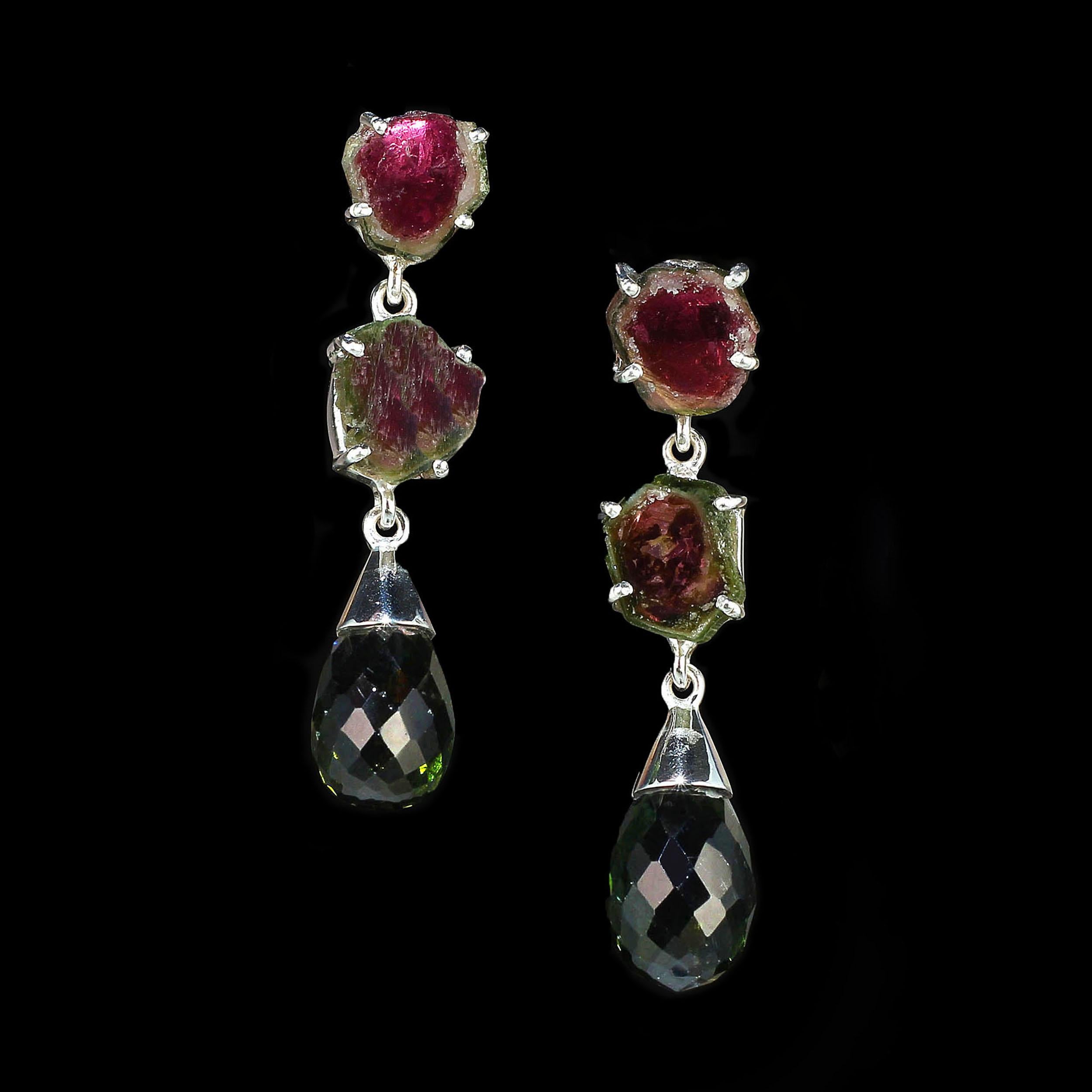 Taille briolette AJD Boucles d'oreilles en tranches de tourmalines melon d'eau uniques en argent sterling en vente