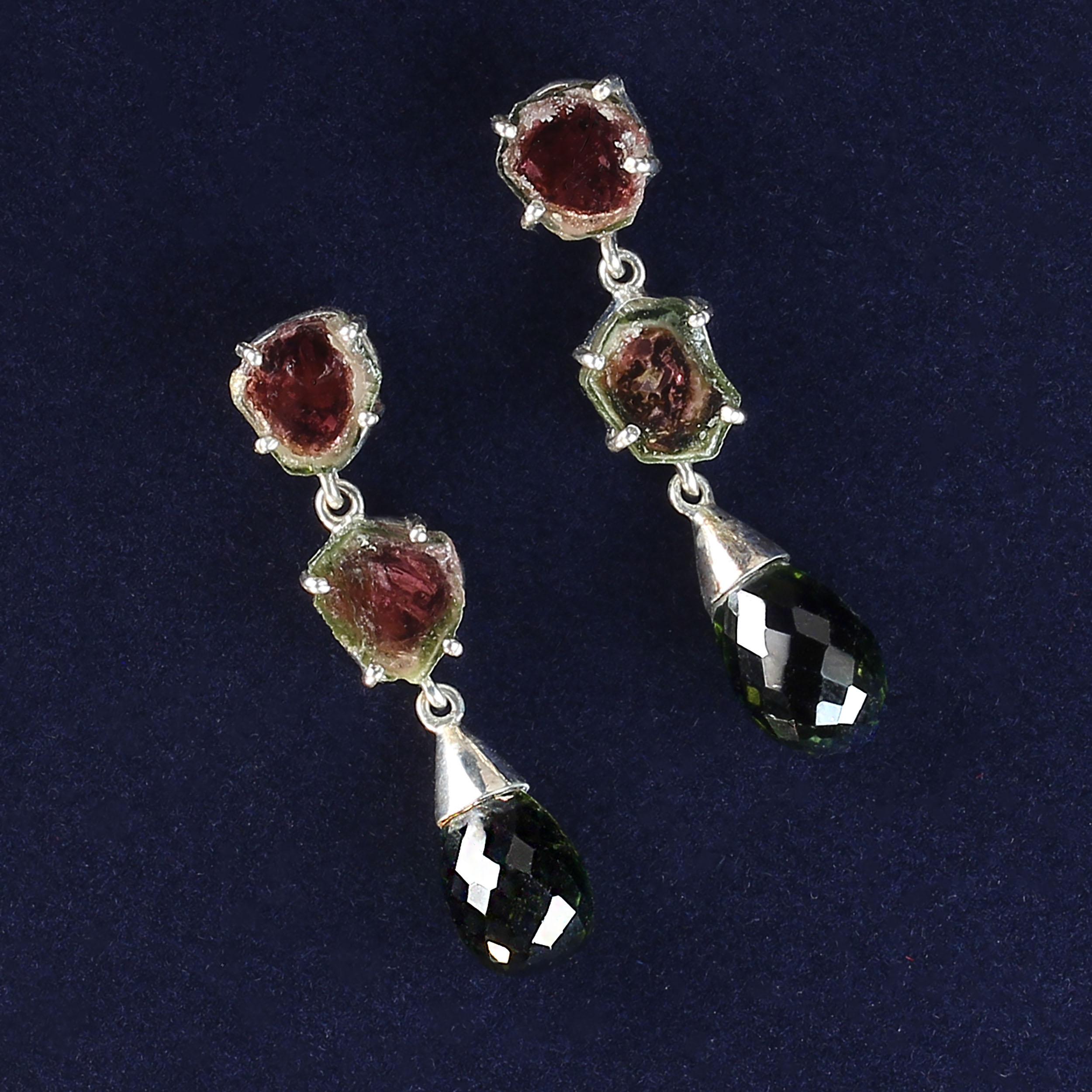 Artisan AJD Unique Watermelon Tourmalines Slice Earrings in Sterling Silver For Sale