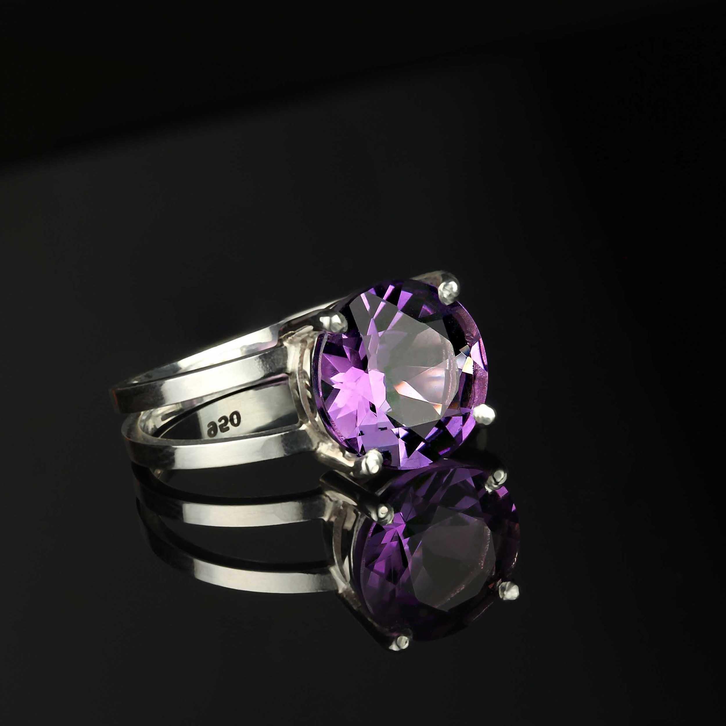 Round Cut AJD Unusual Round 3.52 Carat Amethyst in Sterling Silver Ring For Sale