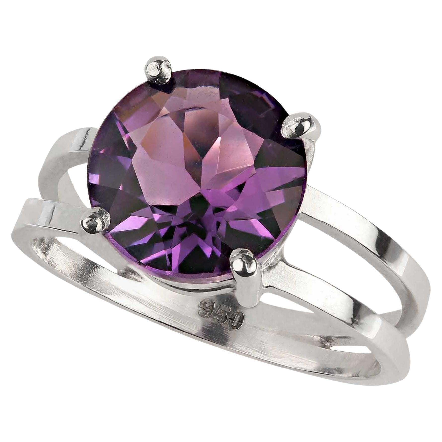 AJD Unusual Round 3.52 Carat Amethyst in Sterling Silver Ring For Sale