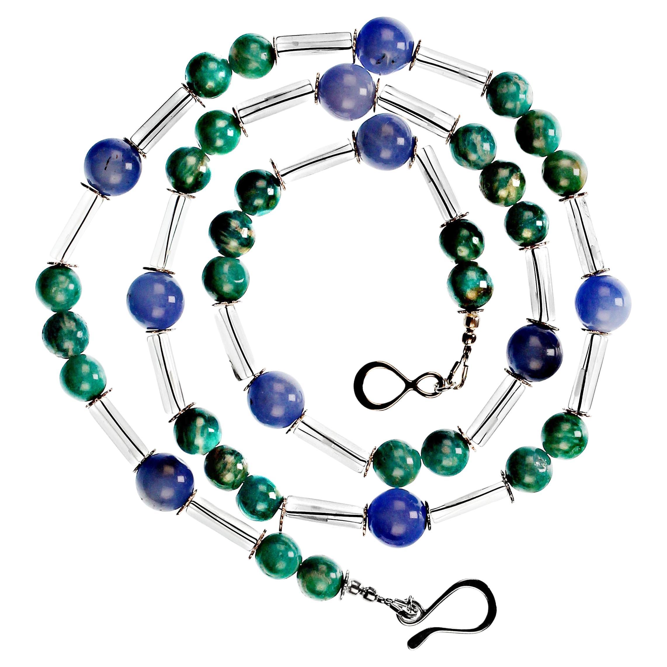 New take on the classic beaded look.  Wear this 26 inch necklace with your entire wardrobe.  The Crystal tubes space lovely green Amazonite and gorgeous blue dyed Agate.  These Crystal tubes give the entire necklace a lighter look and feel as well