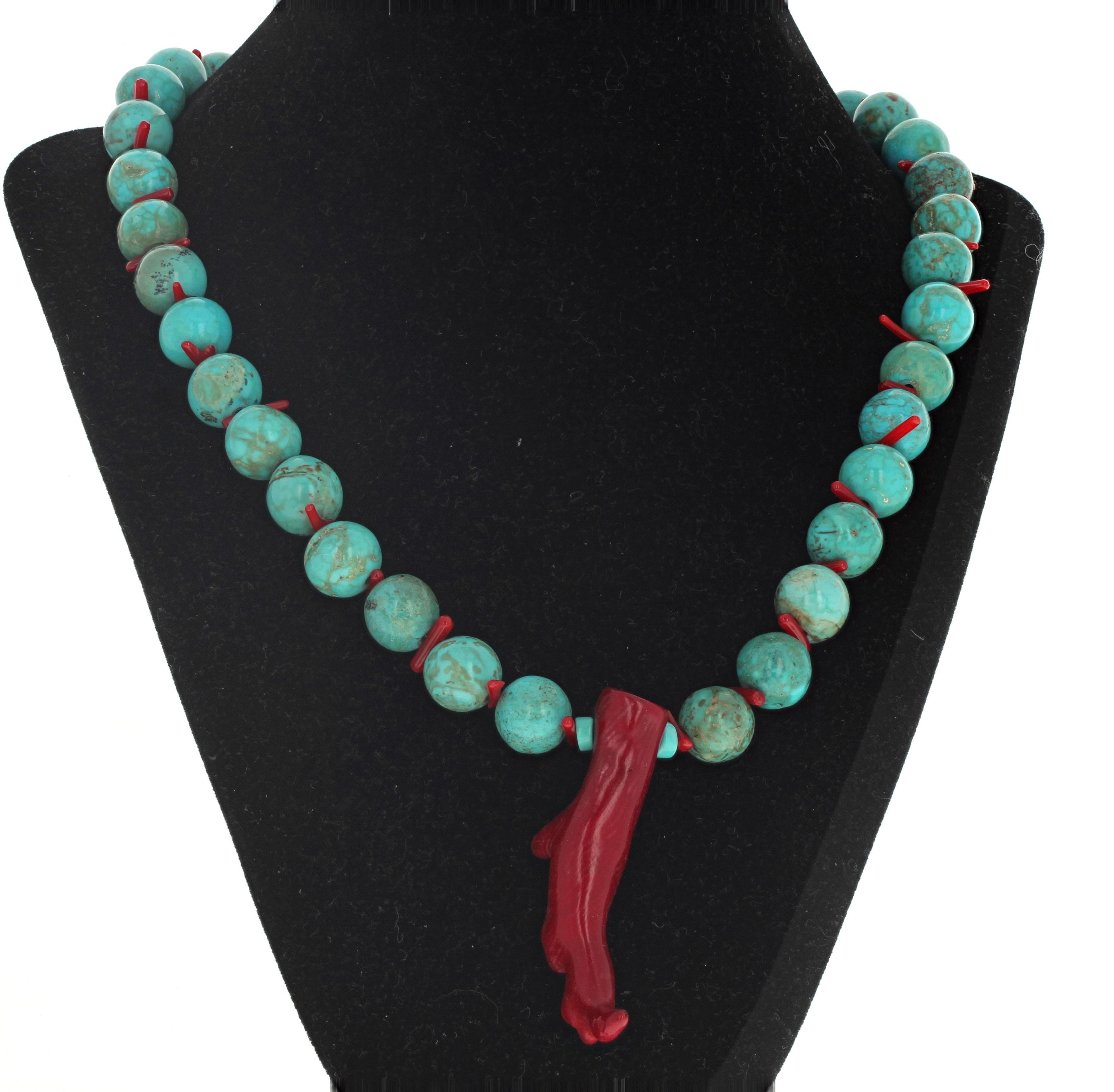 AJD Lovely Artistic Bluegreen Turquoisy Magnesite and Real Red Coral Necklace