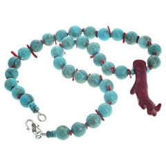 Beautiful Artistic Bluegreen Turquoisy Magnesite and Real Red Coral Necklace