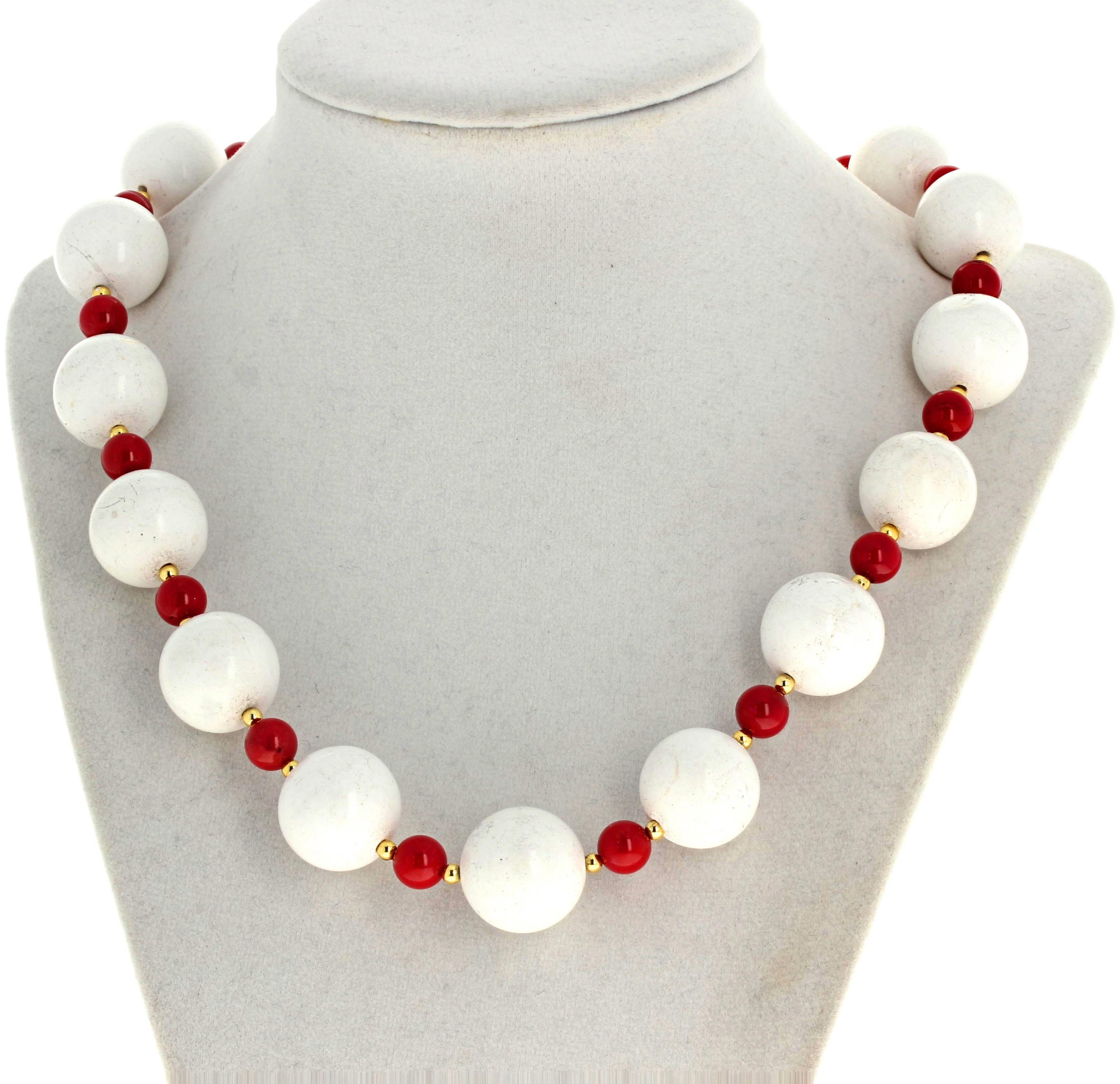 Round Cut AJD Lovely Natural White White White Magnesite & Red Coral Necklace For Sale