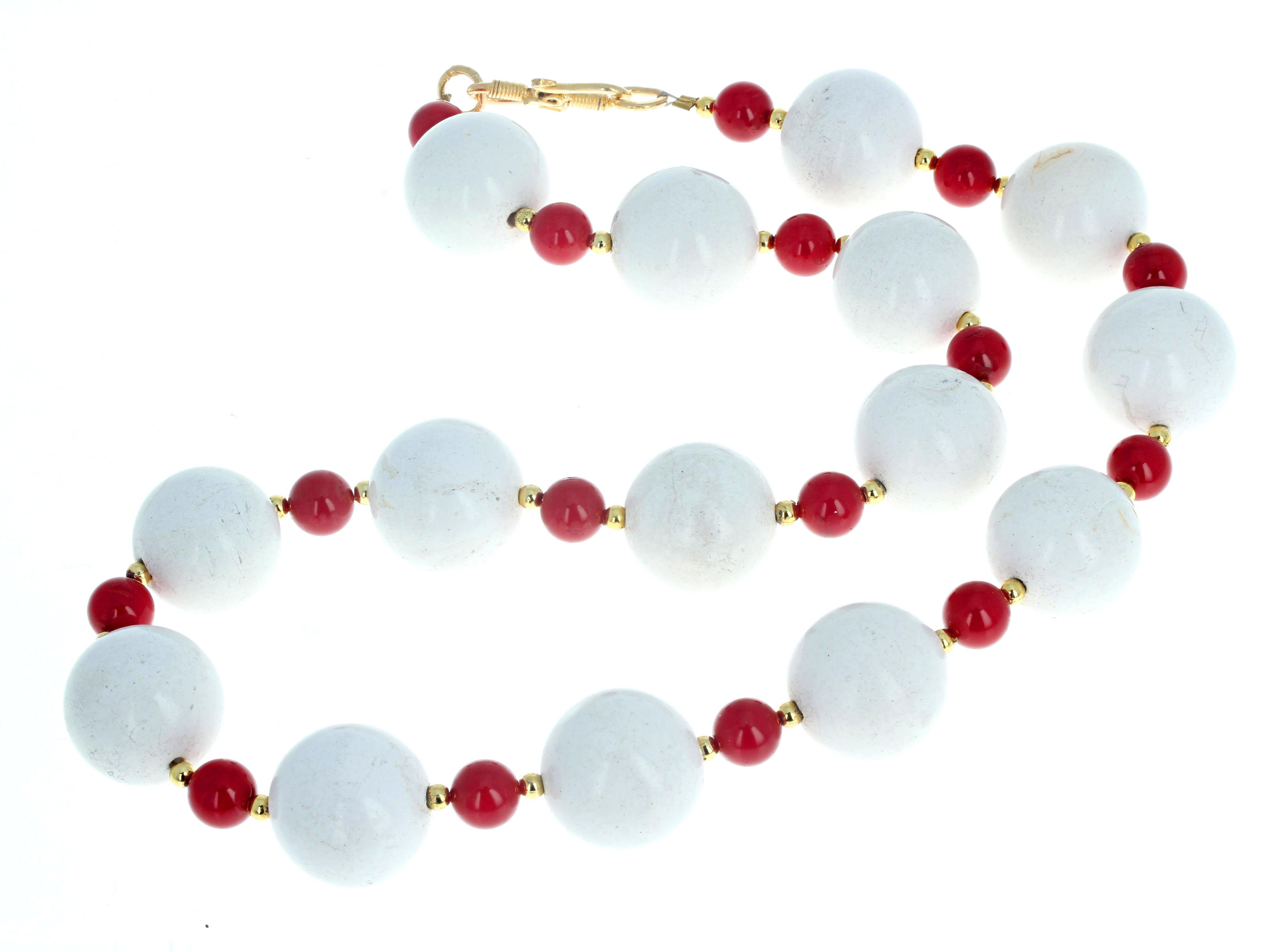 Women's or Men's AJD Lovely Natural White White White Magnesite & Red Coral Necklace For Sale