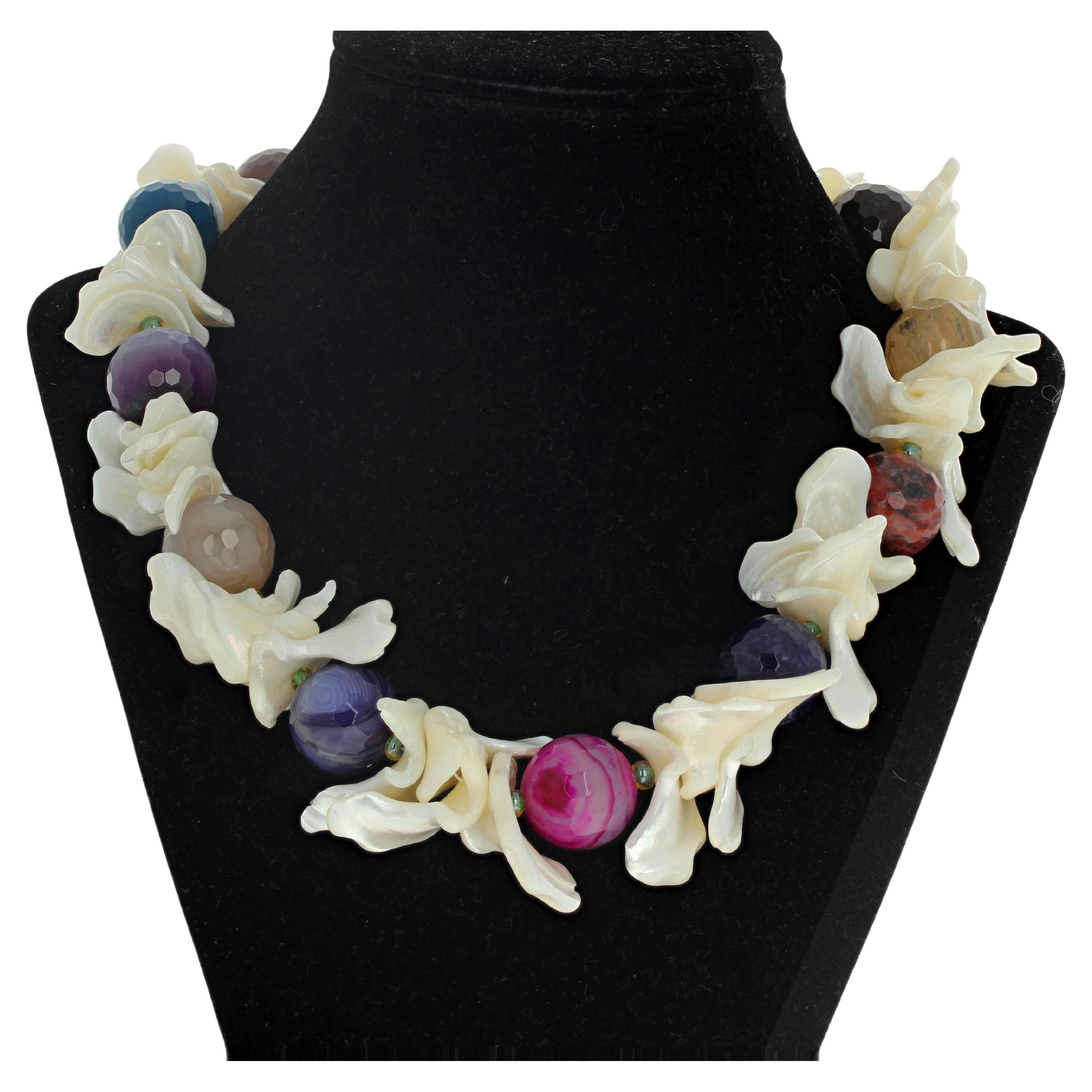 AJD Spectacularly Magnificent Mother of Pearl Shells & Agate 18 1/2" Necklace For Sale