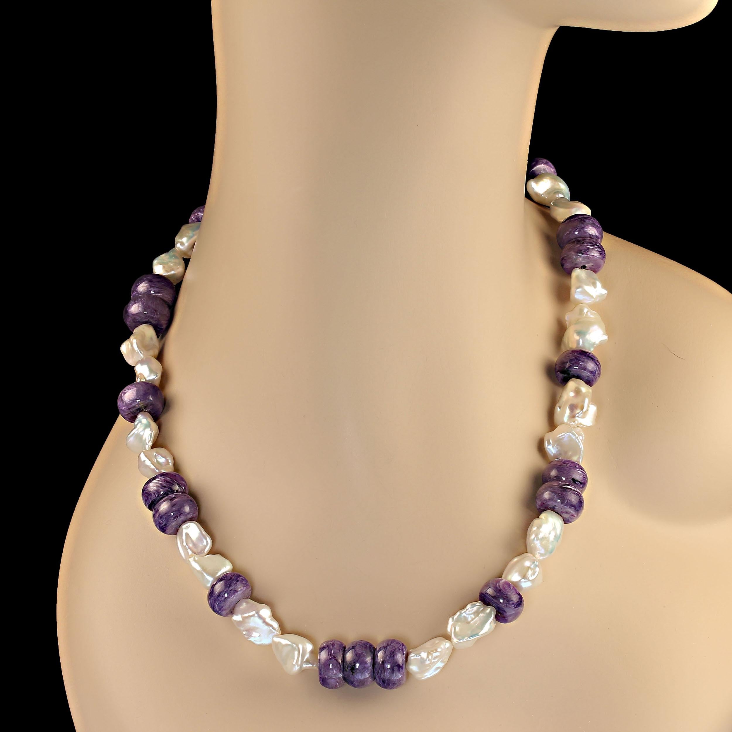 Bead AJD Versatile and Elegant White Pearl and Purple Charoite Necklace For Sale
