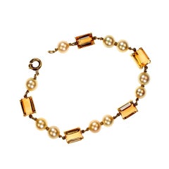 AJD Vintage Bracelet of Cultured Pearls and Citrines in 18k Yellow Gold