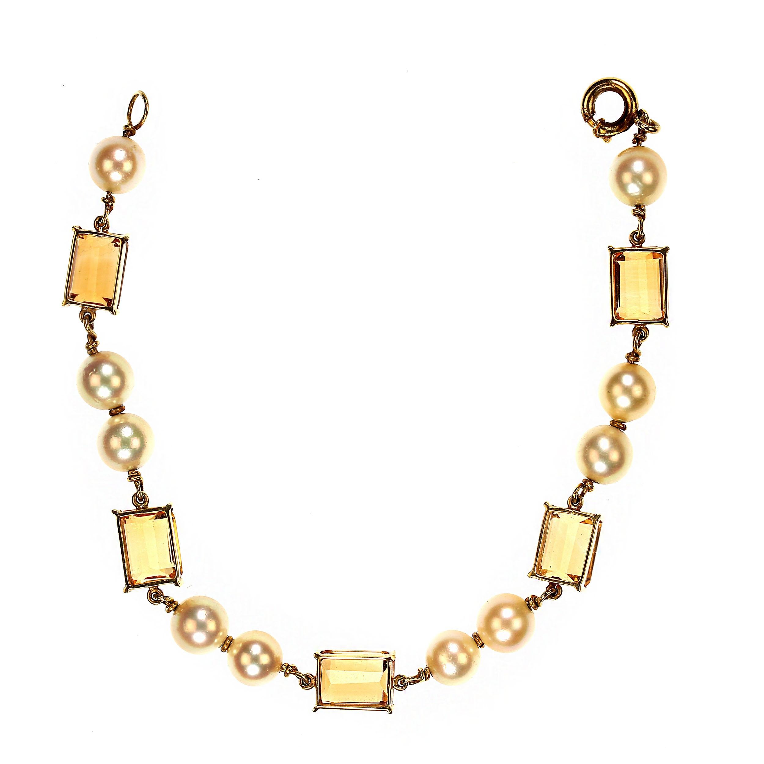 Artisan AJD Vintage Bracelet of Cultured Pearls and Citrines in 18k Yellow Gold