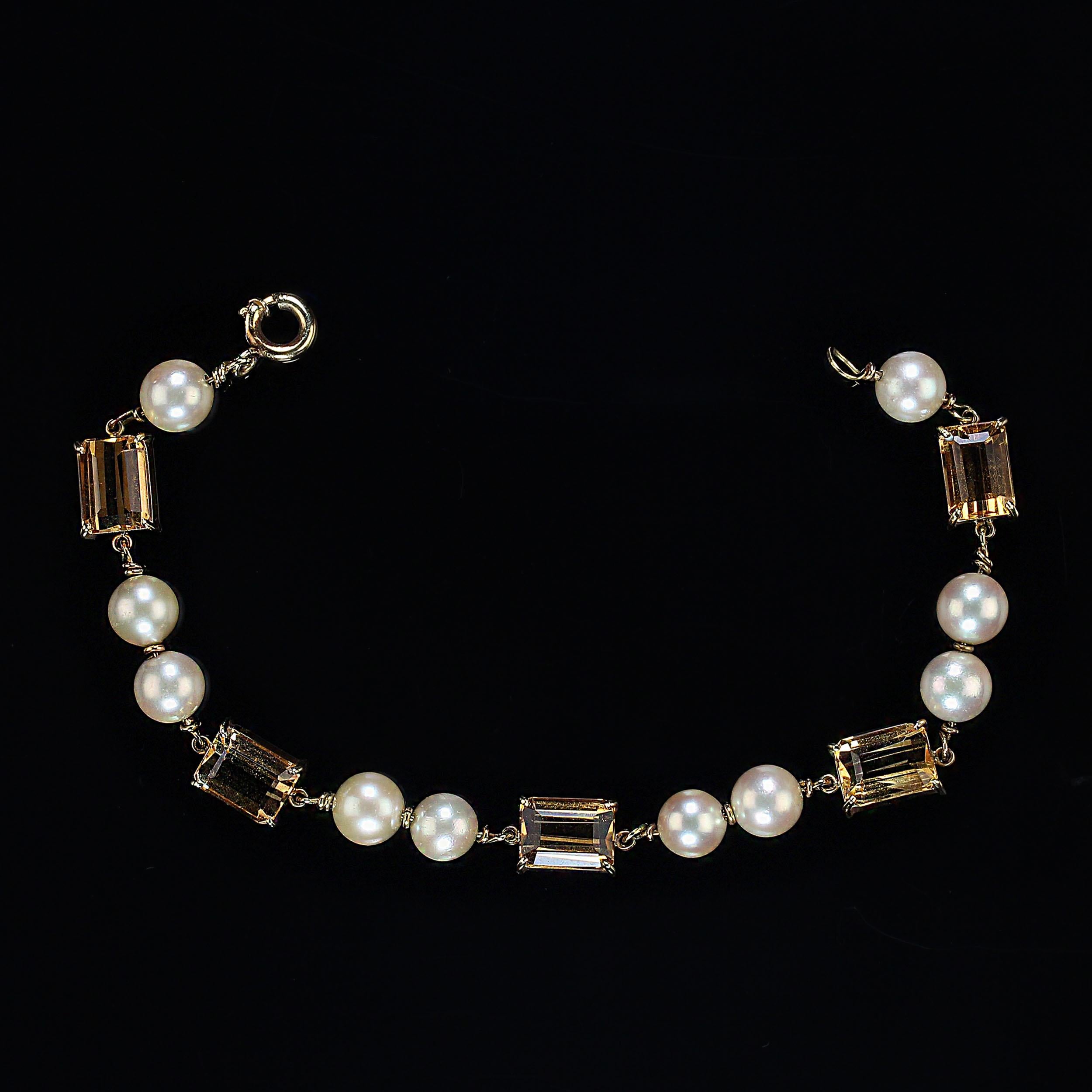 Emerald Cut AJD Vintage Bracelet of Cultured Pearls and Citrines in 18k Yellow Gold