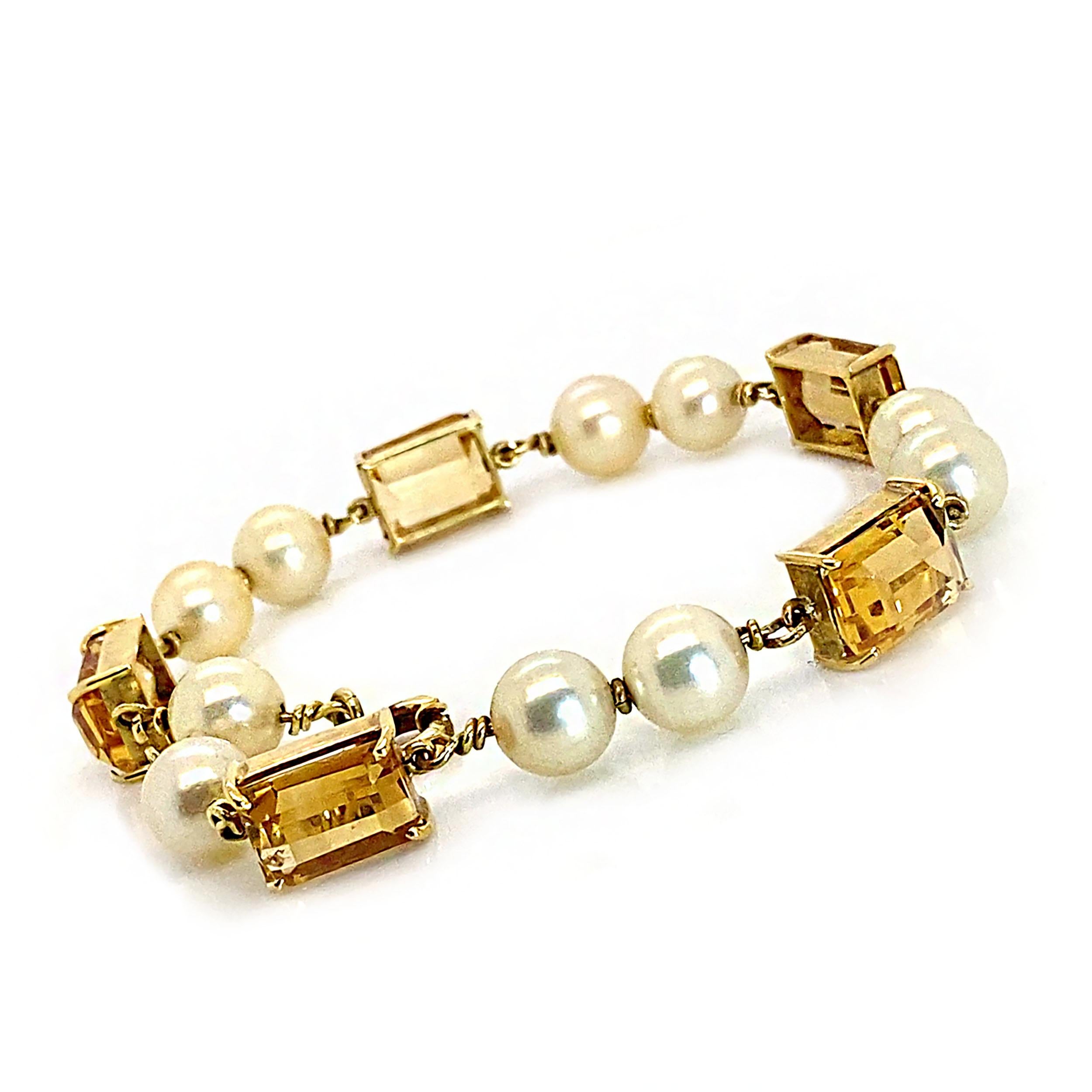 Women's or Men's AJD Vintage Bracelet of Cultured Pearls and Citrines in 18k Yellow Gold