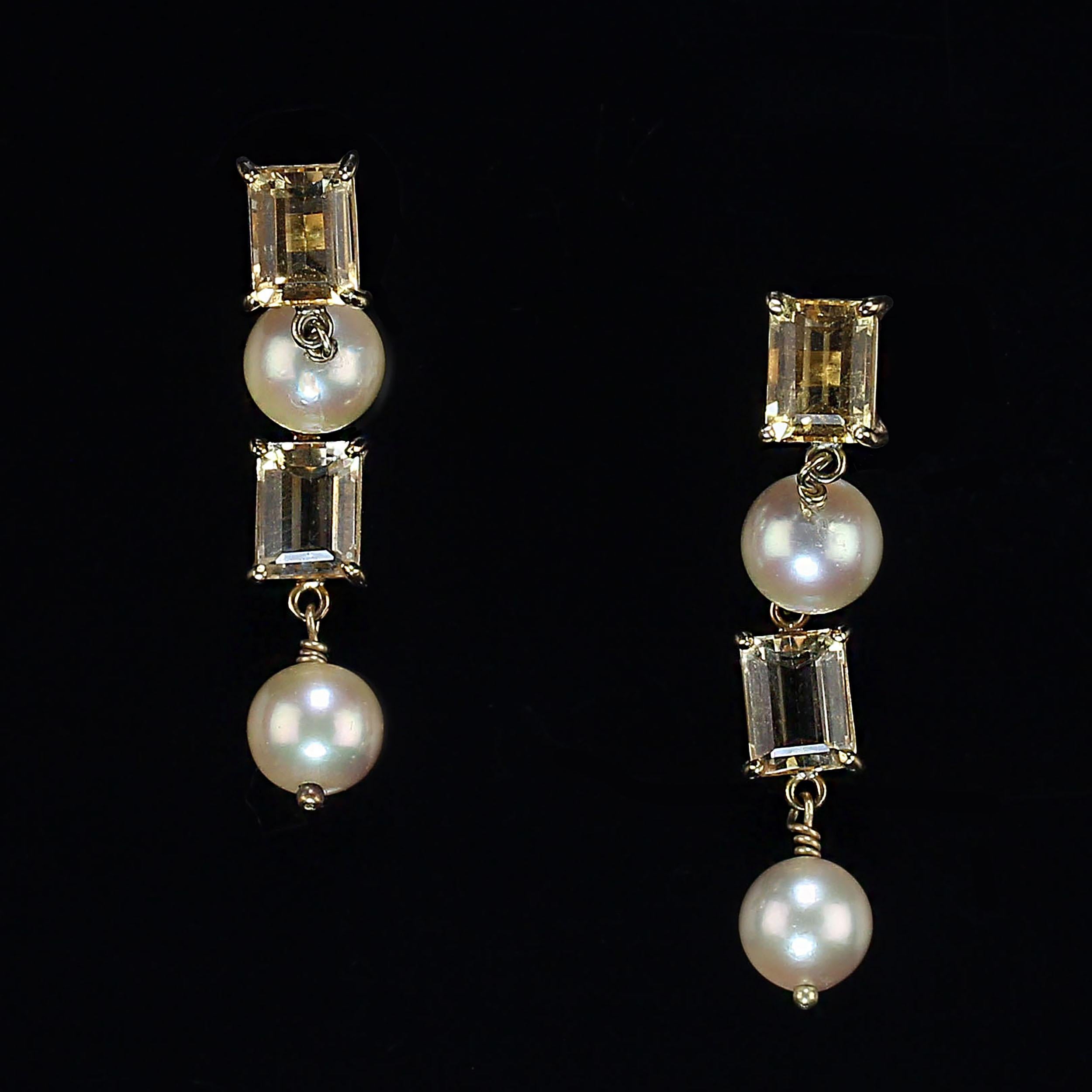 Emerald Cut AJD Vintage Earrings of Cultured Pearl and Citrine in 18k Yellow Gold - 2 Pieces For Sale