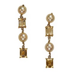 AJD Vintage Earrings of Cultured Pearl and Citrine in 18k Yellow Gold - 2 Pieces