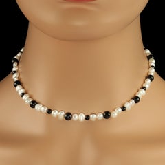 AJD White Pearl and Black Onyx Choker Necklace or Bracelet June Birthstone