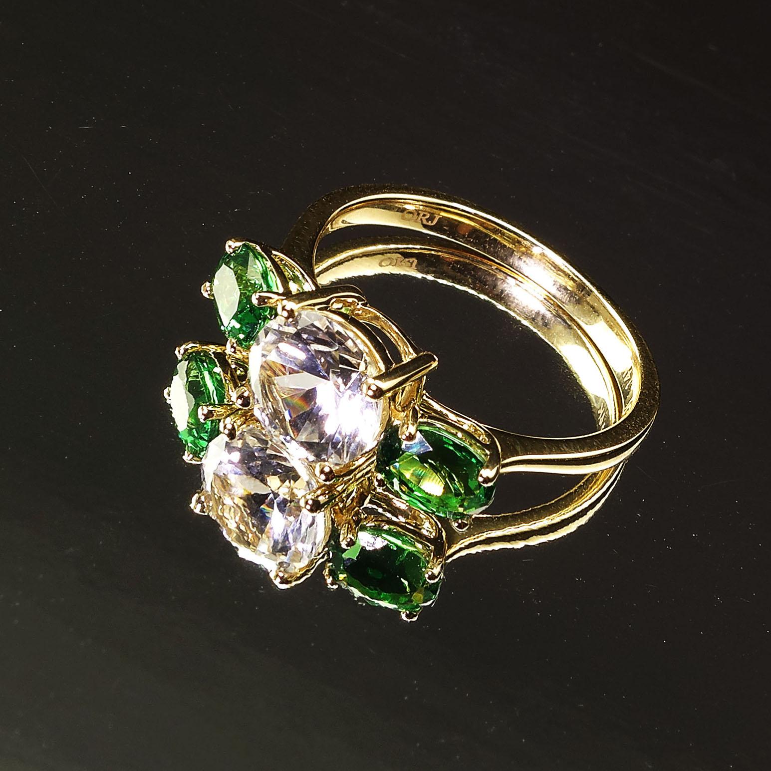 AJD White Sapphire and Green Tsavorite  14K Yellow Gold Cocktail Ring In New Condition For Sale In Raleigh, NC