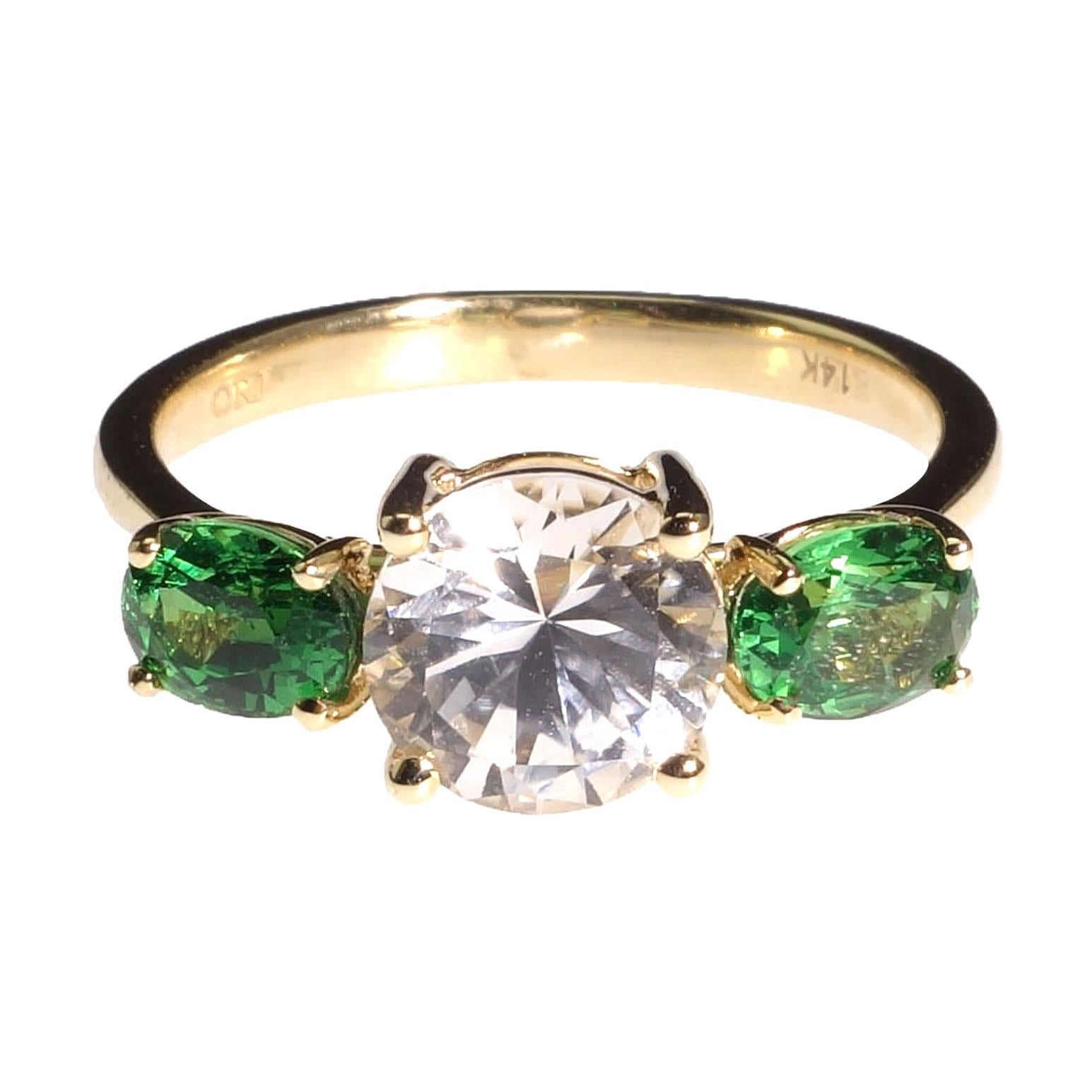 Women's AJD White Sapphire and Green Tsavorite  14K Yellow Gold Cocktail Ring For Sale