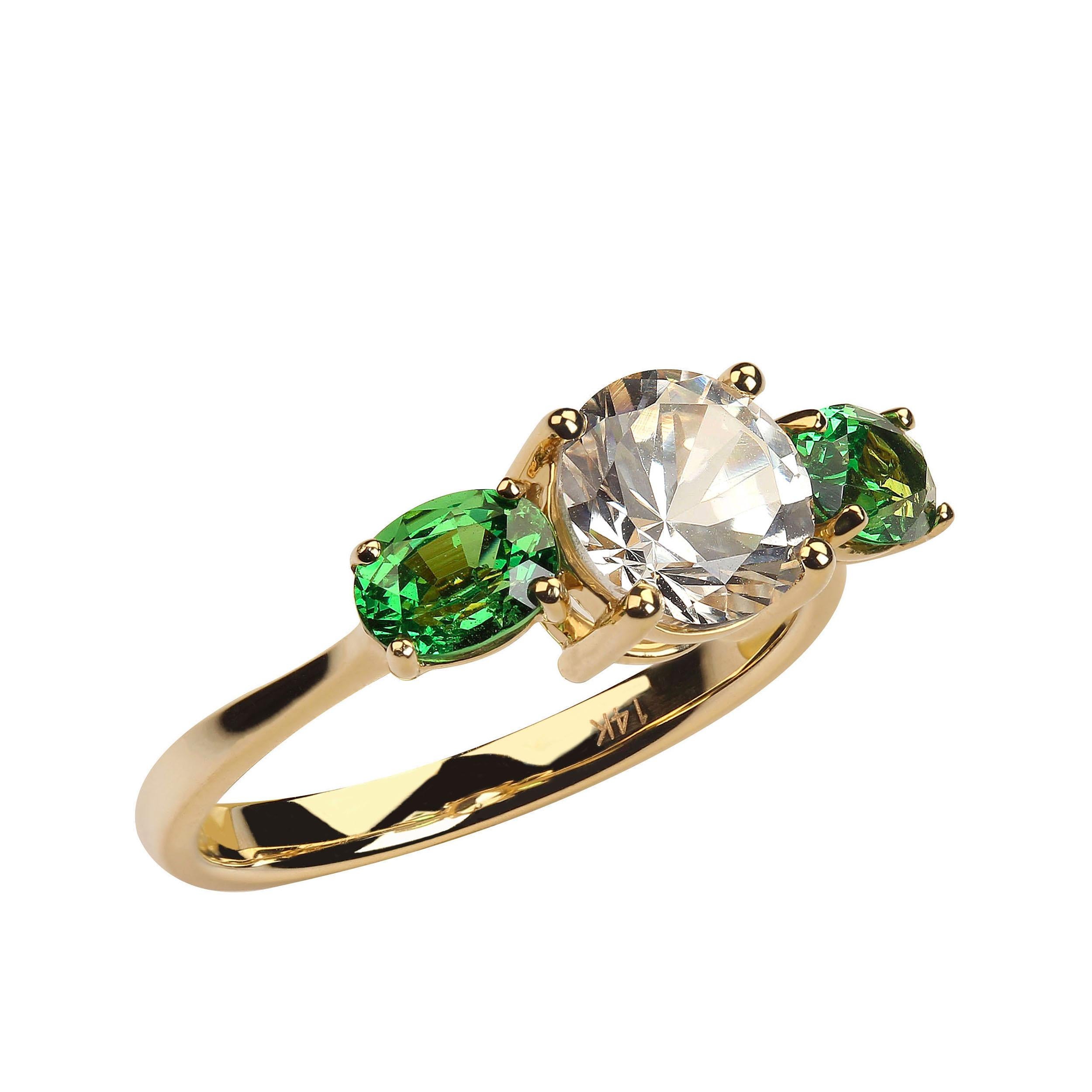 Round Cut AJD White Sapphire and Green Tsavorite  14K Yellow Gold Cocktail Ring