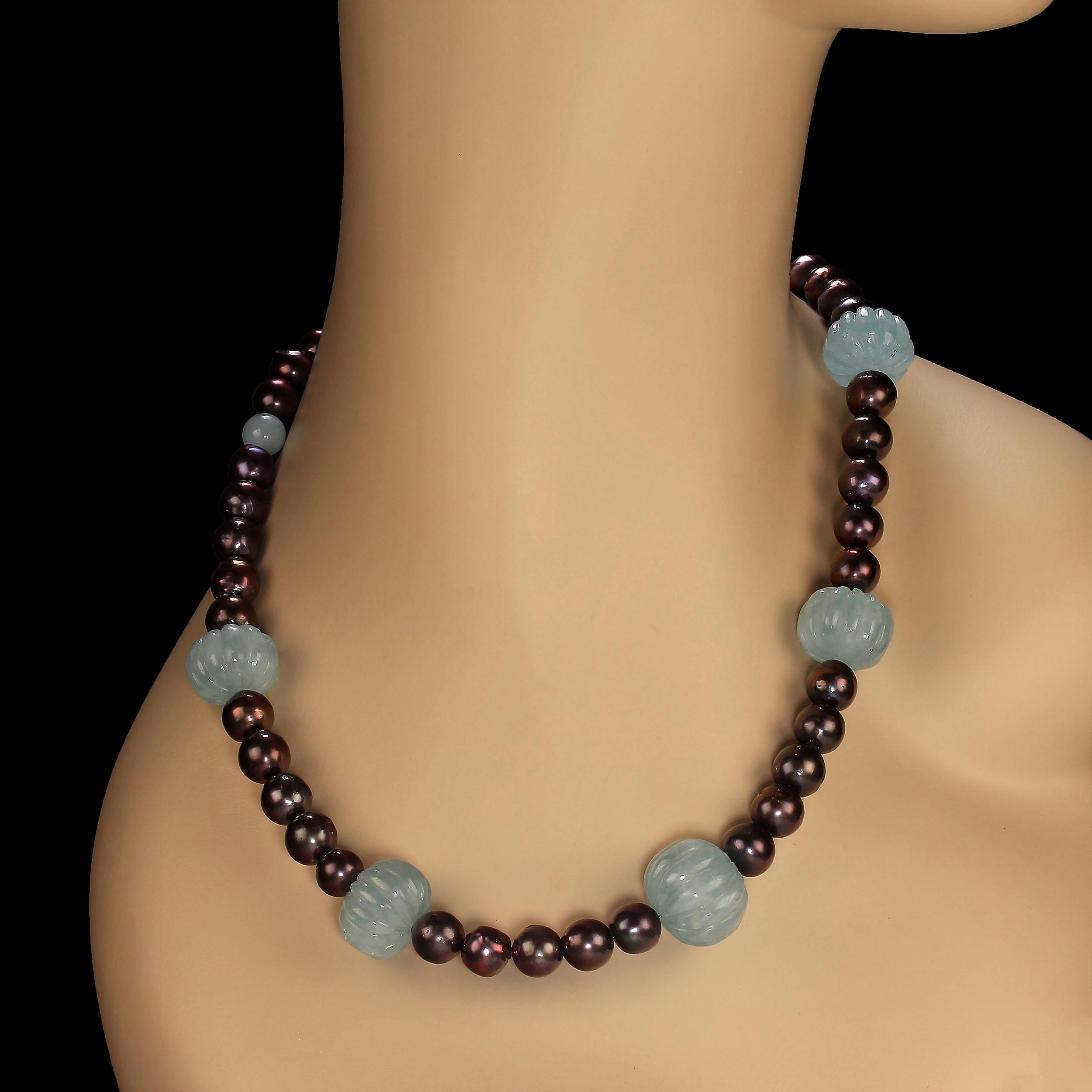 28 Inch Statement necklace featuring glowing brown 10mm pearls with focals of stunning fluted 18 mm aquamarines spaced across the front of the necklace. Additionally, there are 8mm smooth highly polished aquamarines spaced across the sides and back