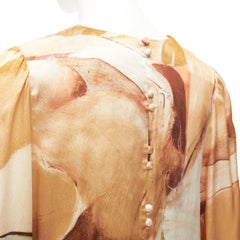 AJE 2018 100% silk beige blue abstract brush print puff sleeve top UK6 XS