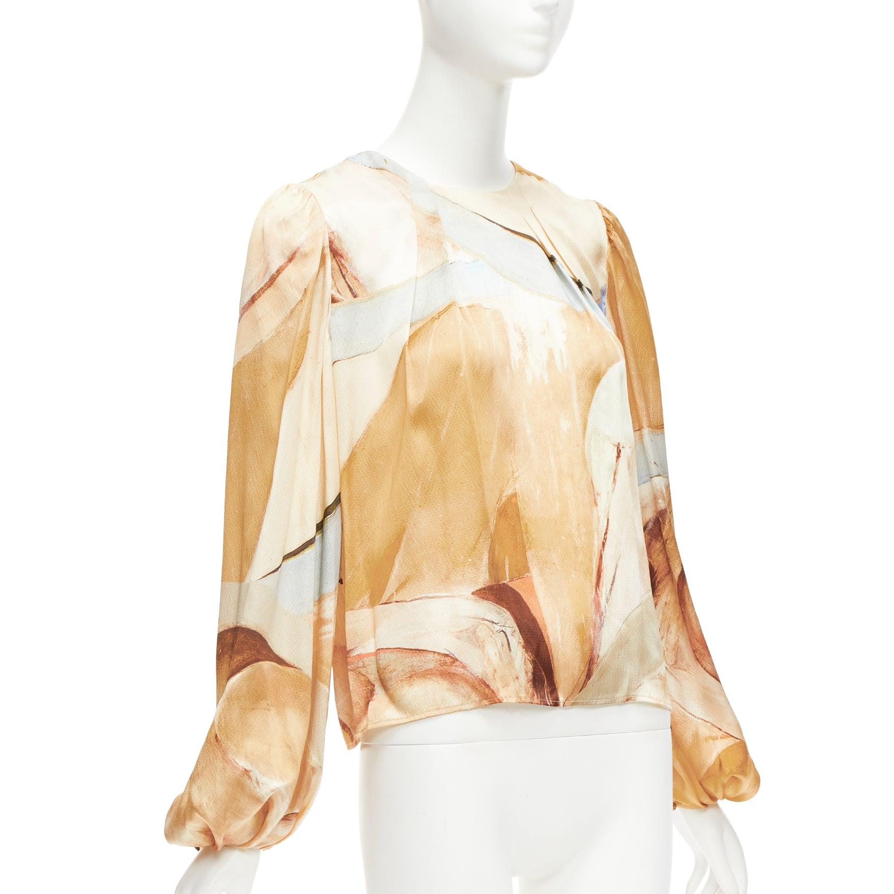 AJE 2018 100% silk beige blue abstract brush print puff sleeve top UK6 XS In Excellent Condition For Sale In Hong Kong, NT