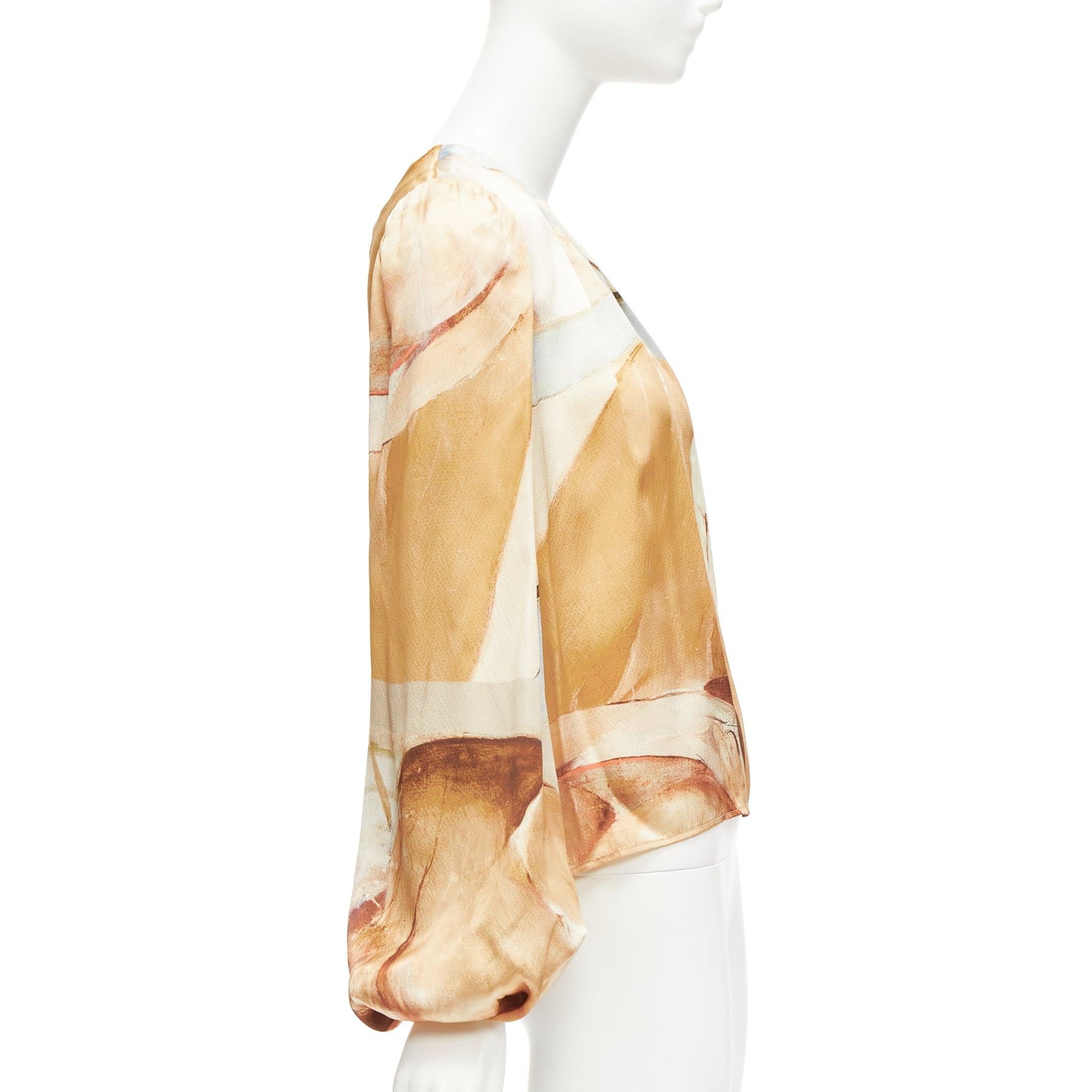 AJE 2018 100% silk beige blue abstract brush print puff sleeve top UK6 XS In Excellent Condition For Sale In Hong Kong, NT
