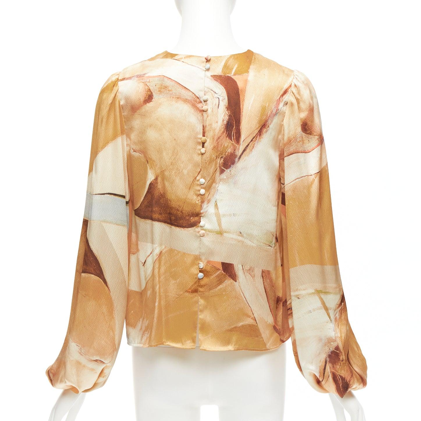 Women's AJE 2018 100% silk beige blue abstract brush print puff sleeve top UK6 XS For Sale