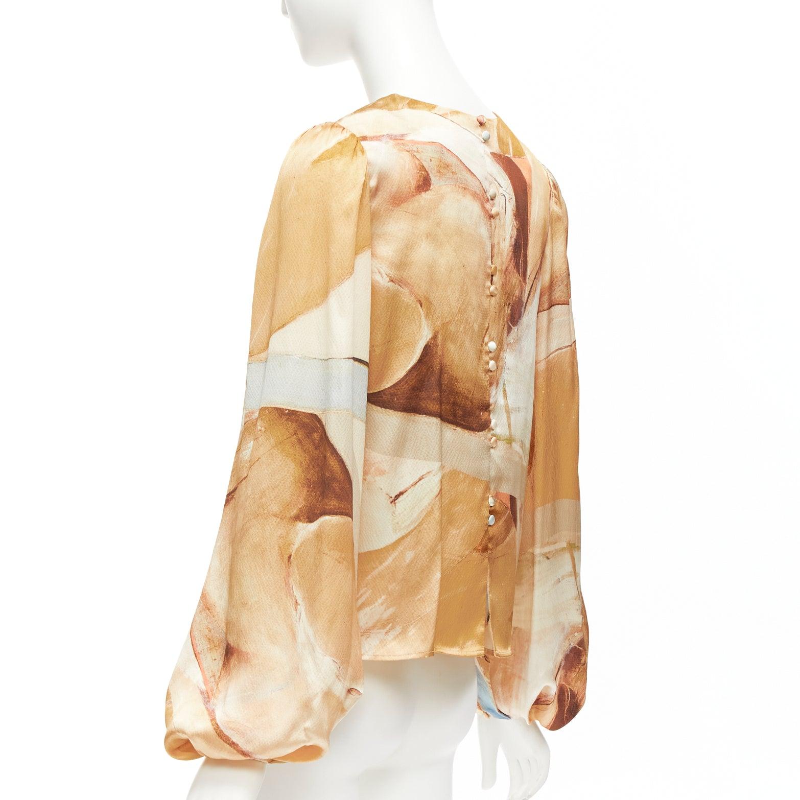 AJE 2018 100% silk beige blue abstract brush print puff sleeve top UK6 XS For Sale 1
