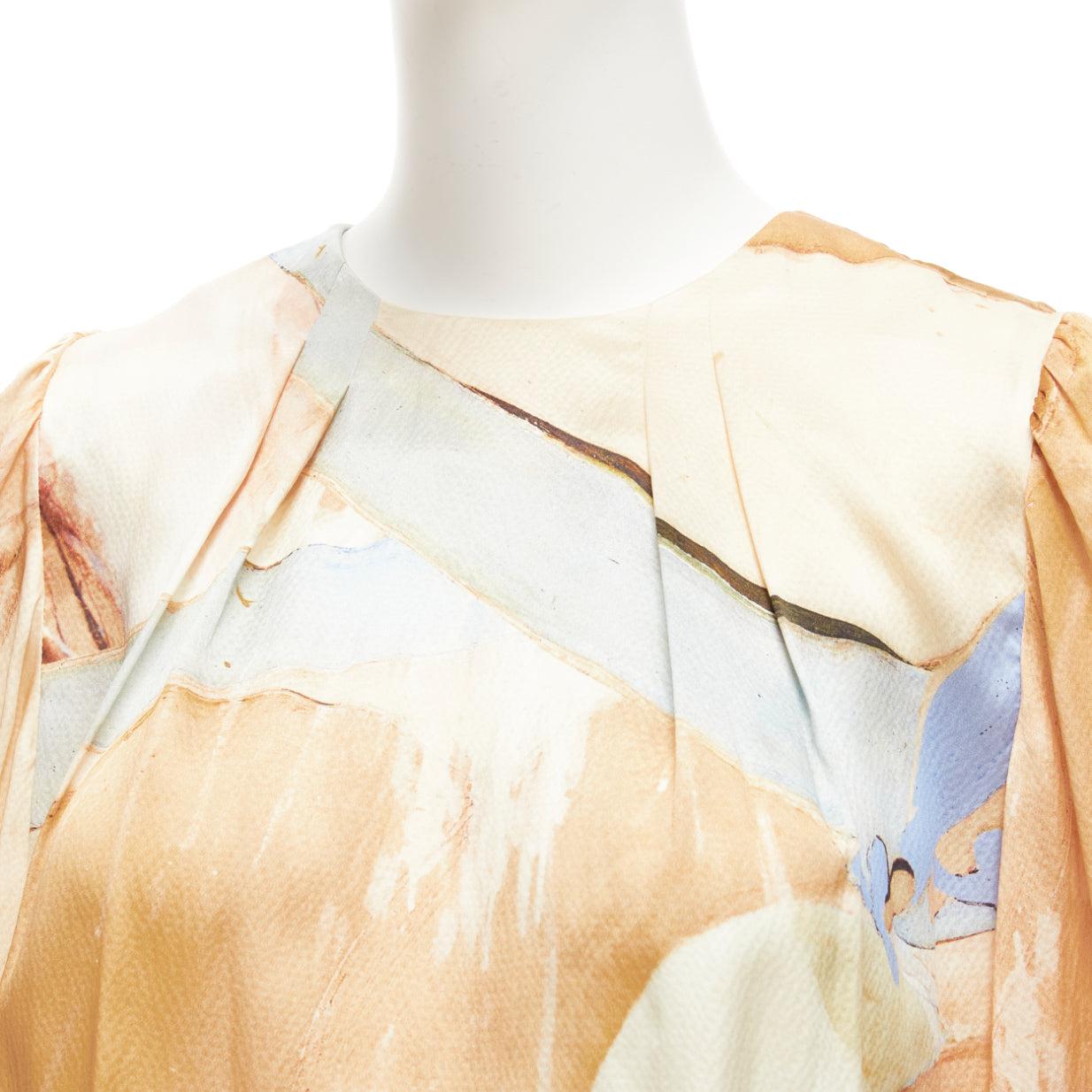 AJE 2018 100% silk beige blue abstract brush print puff sleeve top UK6 XS For Sale 2