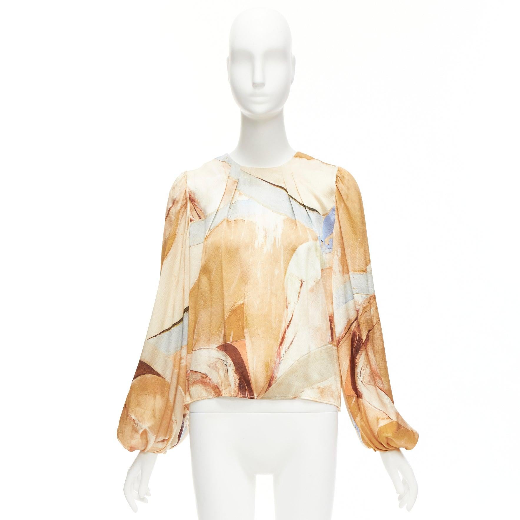 AJE 2018 100% silk beige blue abstract brush print puff sleeve top UK6 XS For Sale 5