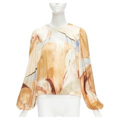AJE 2018 100% silk beige blue abstract brush print puff sleeve top UK6 XS