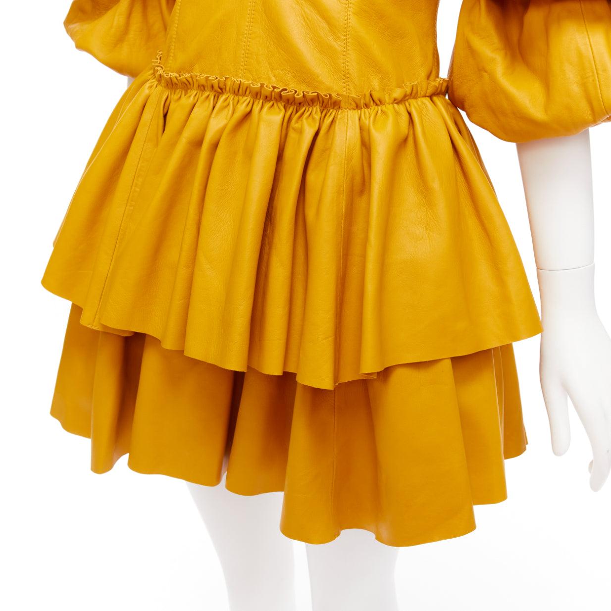 AJE 2019 Castellain mustard yellow leather puff sleeve tiered mini dress UK6 XS
Reference: AAWC/A00563
Brand: Aje
Model: Castellain
Collection: 2019
As seen on: Alessandra Ambrosio
Material: Leather
Color: Yellow
Pattern: Solid
Closure: Zip
Lining: