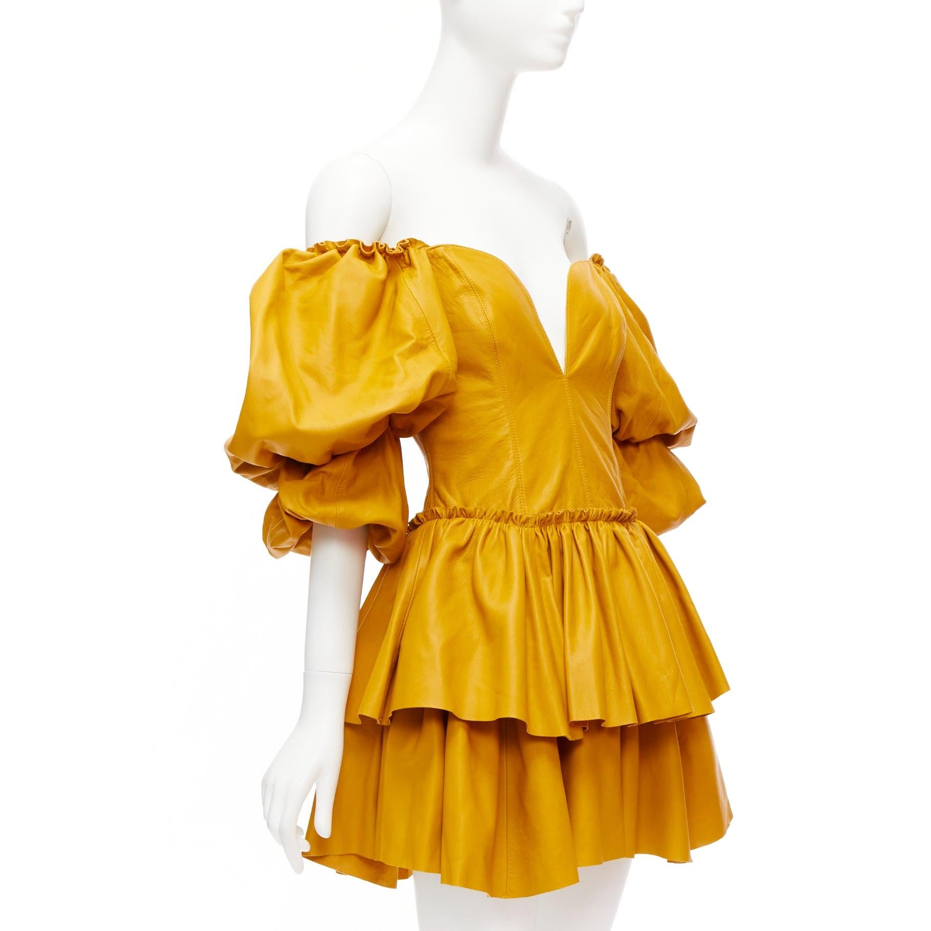 AJE 2019 Castellain mustard yellow leather puff sleeve tiered mini dress UK6 XS In Excellent Condition For Sale In Hong Kong, NT