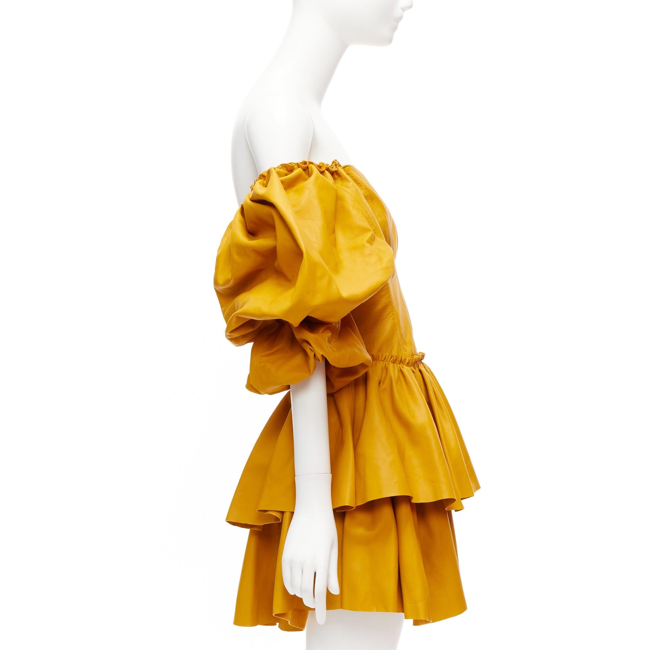 Women's AJE 2019 Castellain mustard yellow leather puff sleeve tiered mini dress UK6 XS For Sale