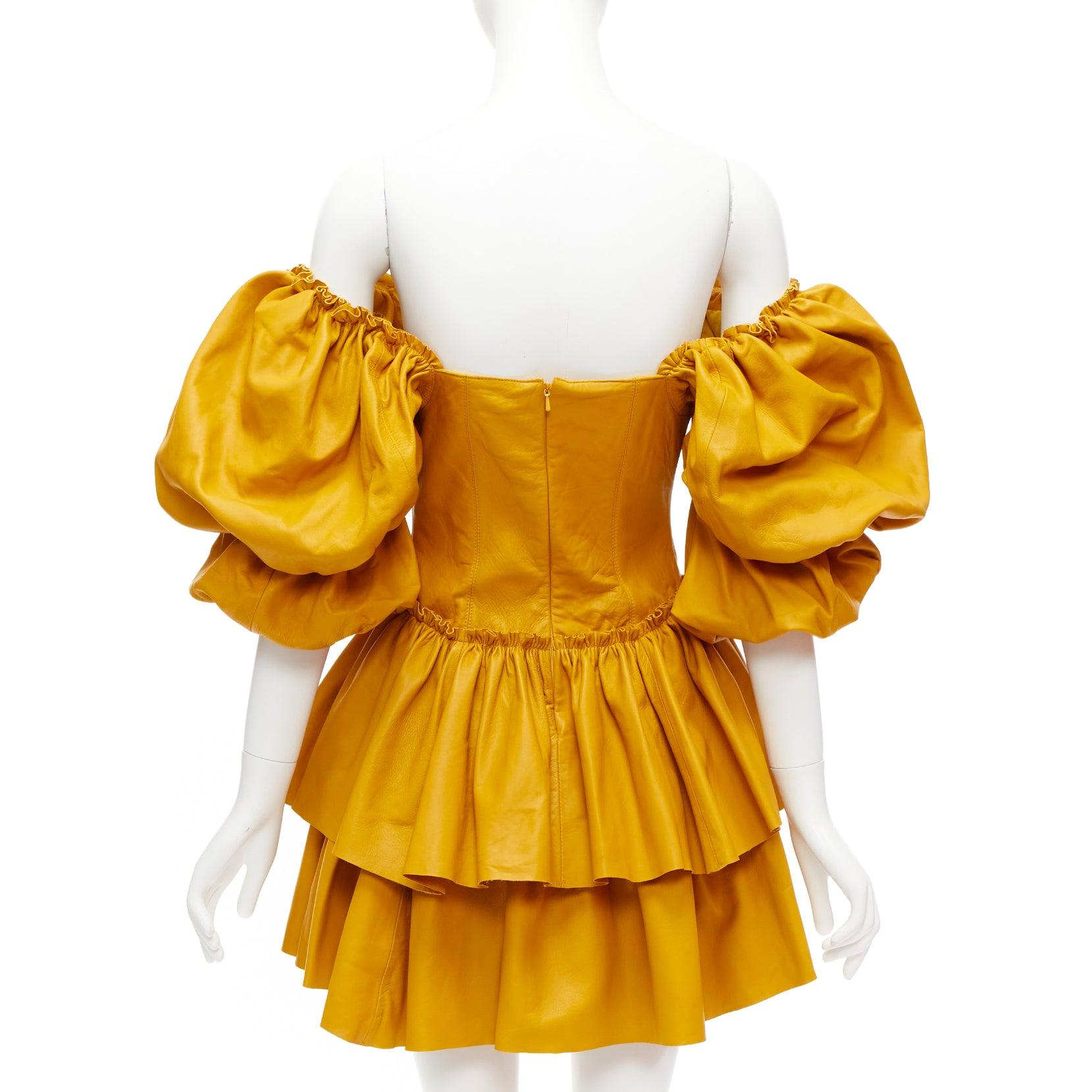 AJE 2019 Castellain mustard yellow leather puff sleeve tiered mini dress UK6 XS For Sale 1