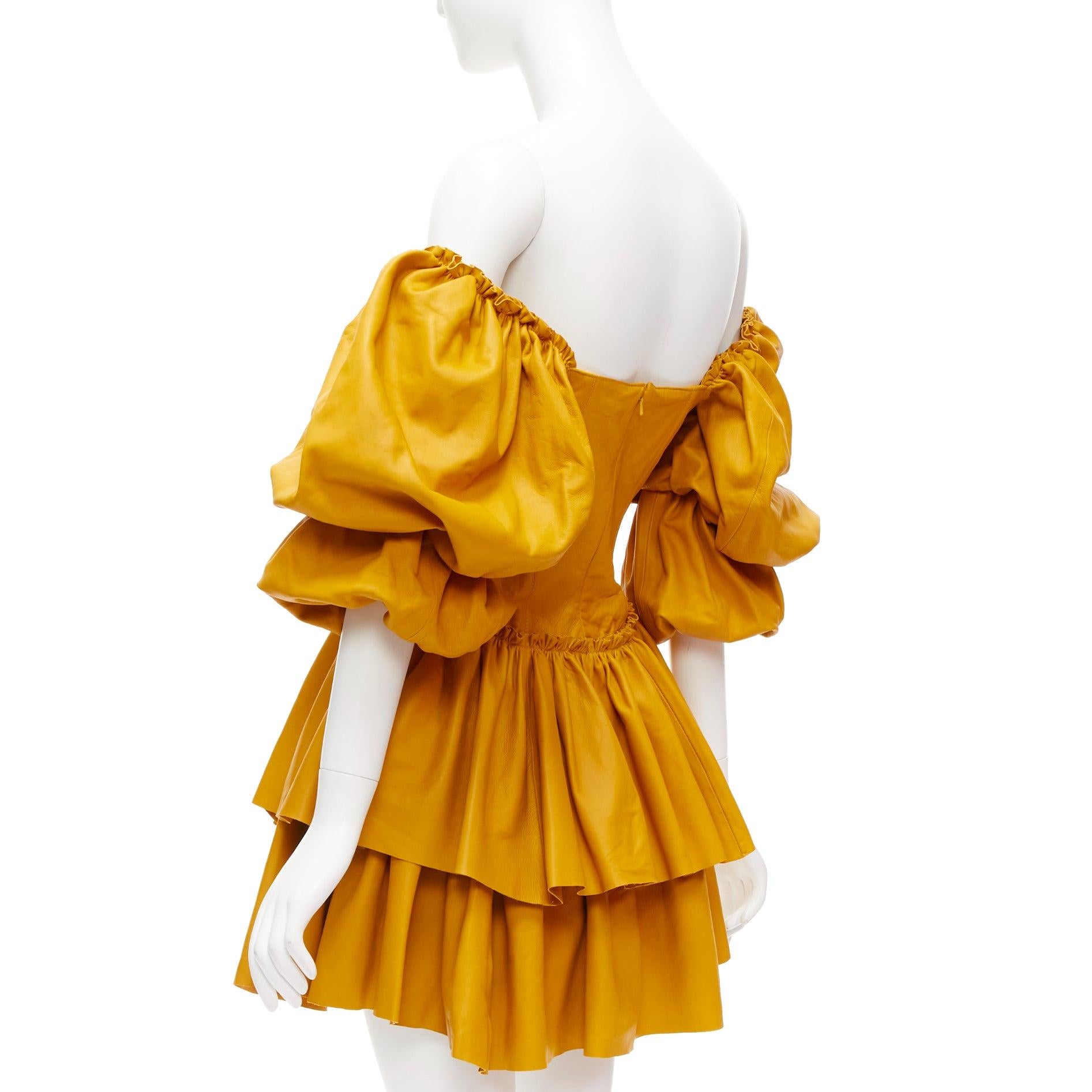 AJE 2019 Castellain mustard yellow leather puff sleeve tiered mini dress UK6 XS For Sale 2