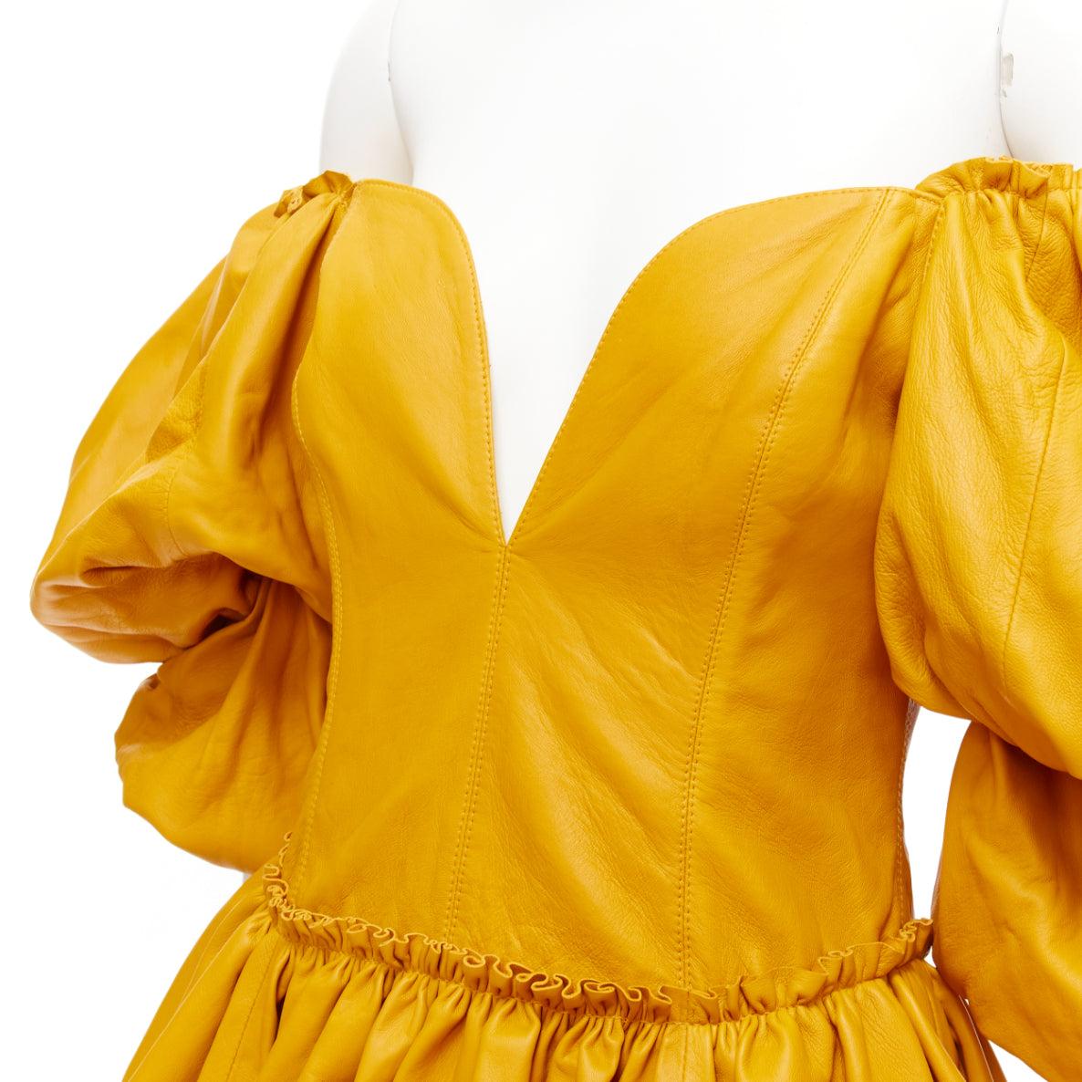 AJE 2019 Castellain mustard yellow leather puff sleeve tiered mini dress UK6 XS For Sale 3