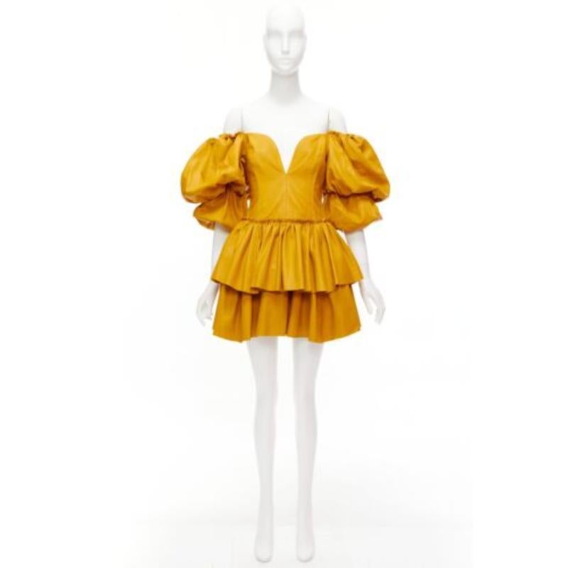 AJE 2019 Castellain mini vestido de cuero amarillo mostaza con mangas abullonadas UK6 XS en venta 3