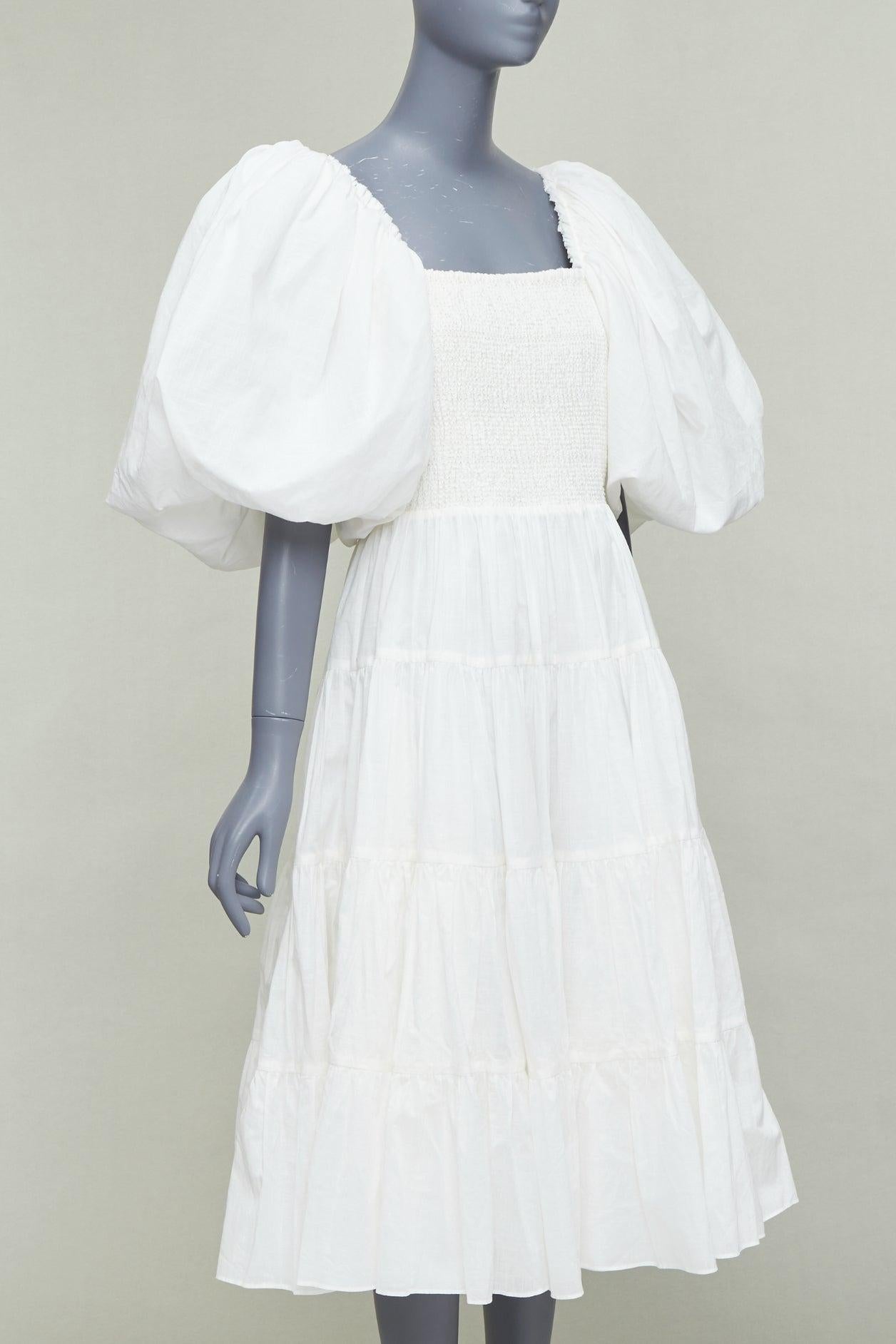 Gris AJE Cherished, robe midi à manches bouffantes en coton blanc bordé de lin UK14 XL en vente