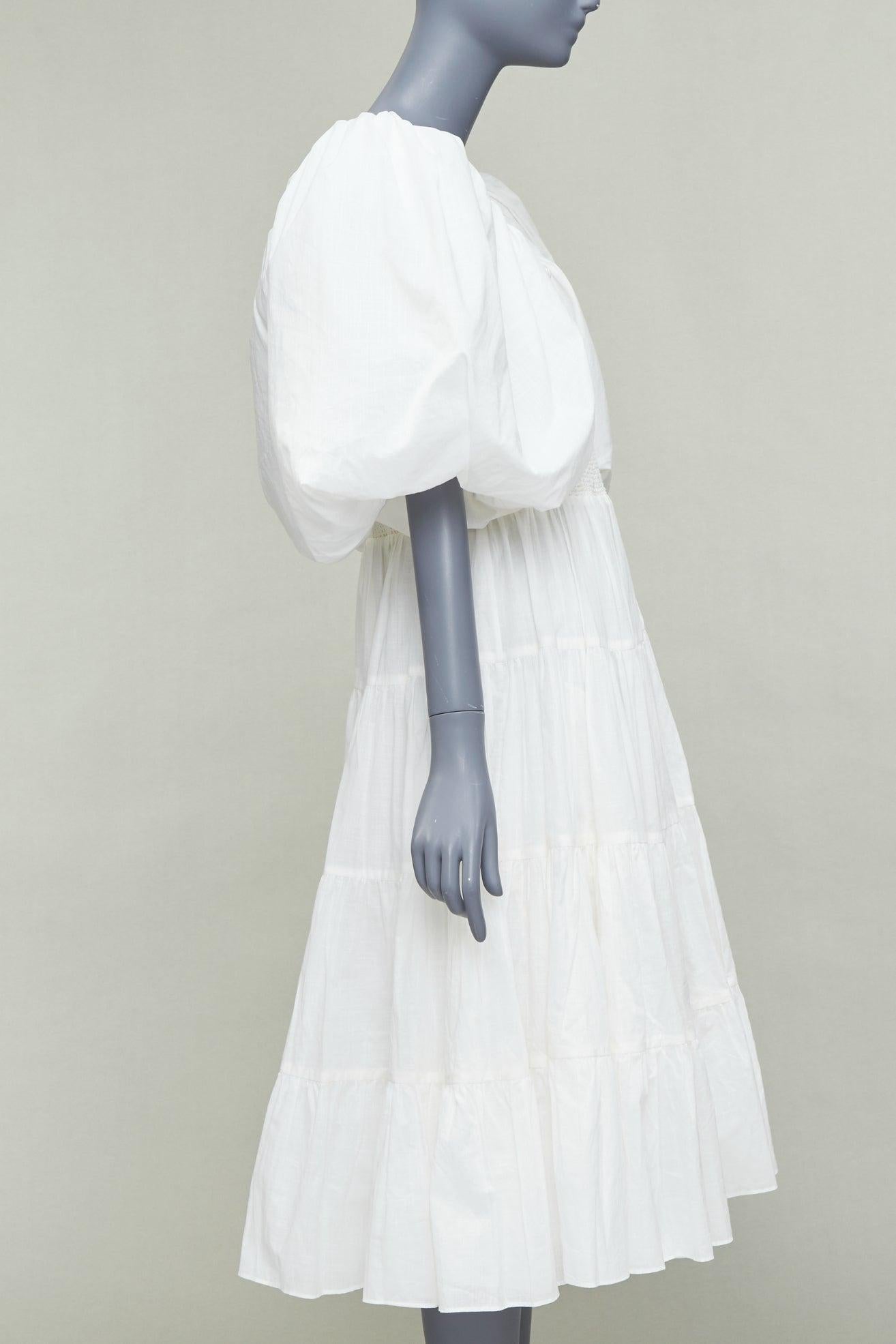 AJE Cherished, robe midi à manches bouffantes en coton blanc bordé de lin UK14 XL Excellent état - En vente à Hong Kong, NT