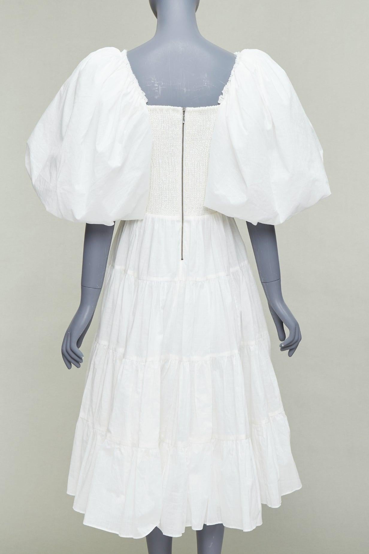 AJE Cherished, robe midi à manches bouffantes en coton blanc bordé de lin UK14 XL Pour femmes en vente