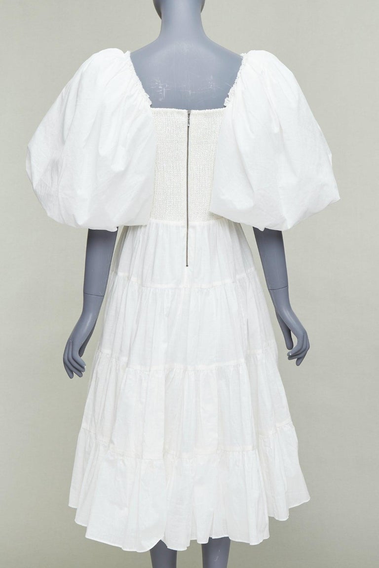 AJE Cherished white cotton linen trim puff sleeve tiered midi dress UK14 XL  For Sale at 1stDibs