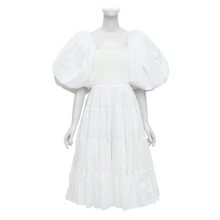 AJE Cherished white cotton linen trim puff sleeve tiered midi dress UK14 XL