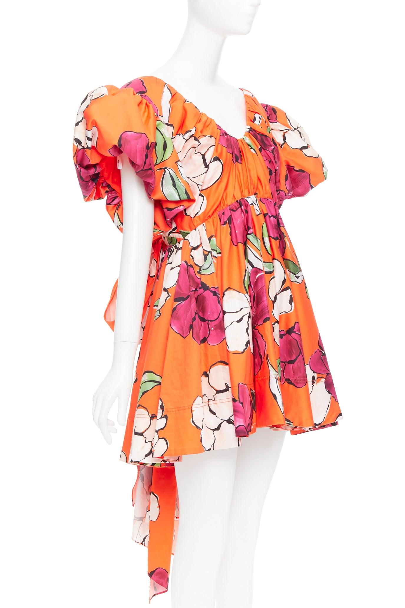 Orange AJE Gretta vivid camellia red floral bow back puff mini dress UK14 XL For Sale